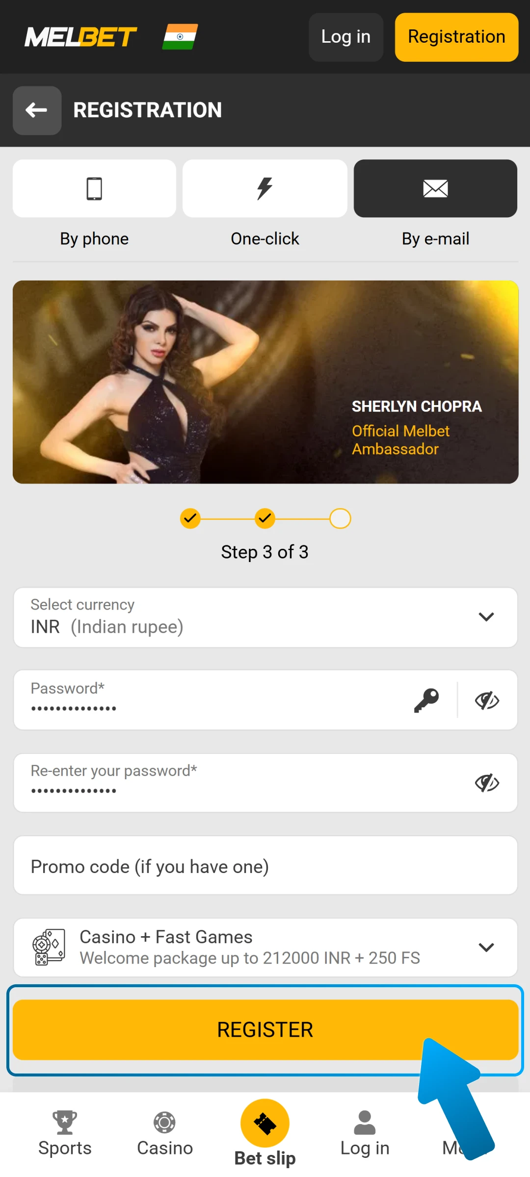Confirm and complete your Melbet registration to start betting in India.