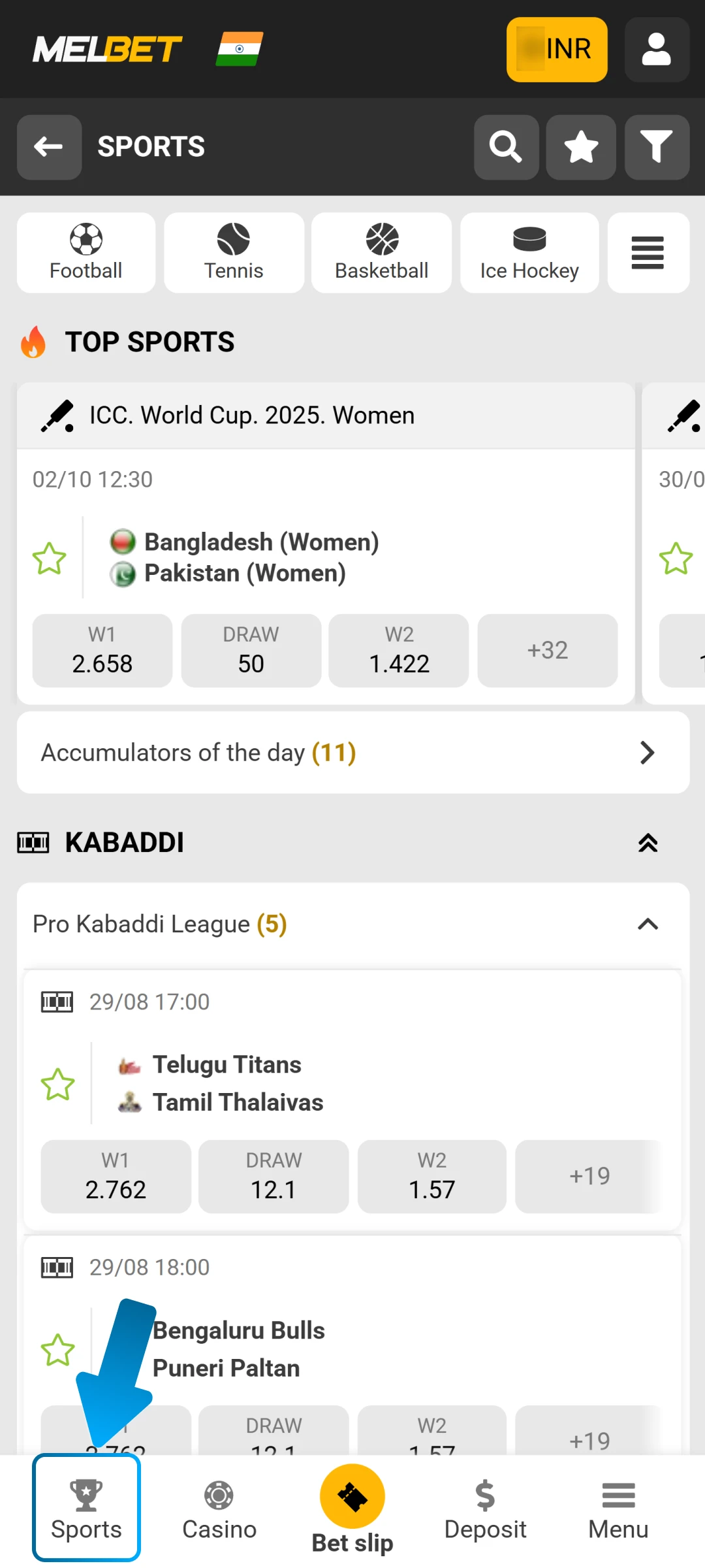 Navigate to the sports section to find available Melbet matches.