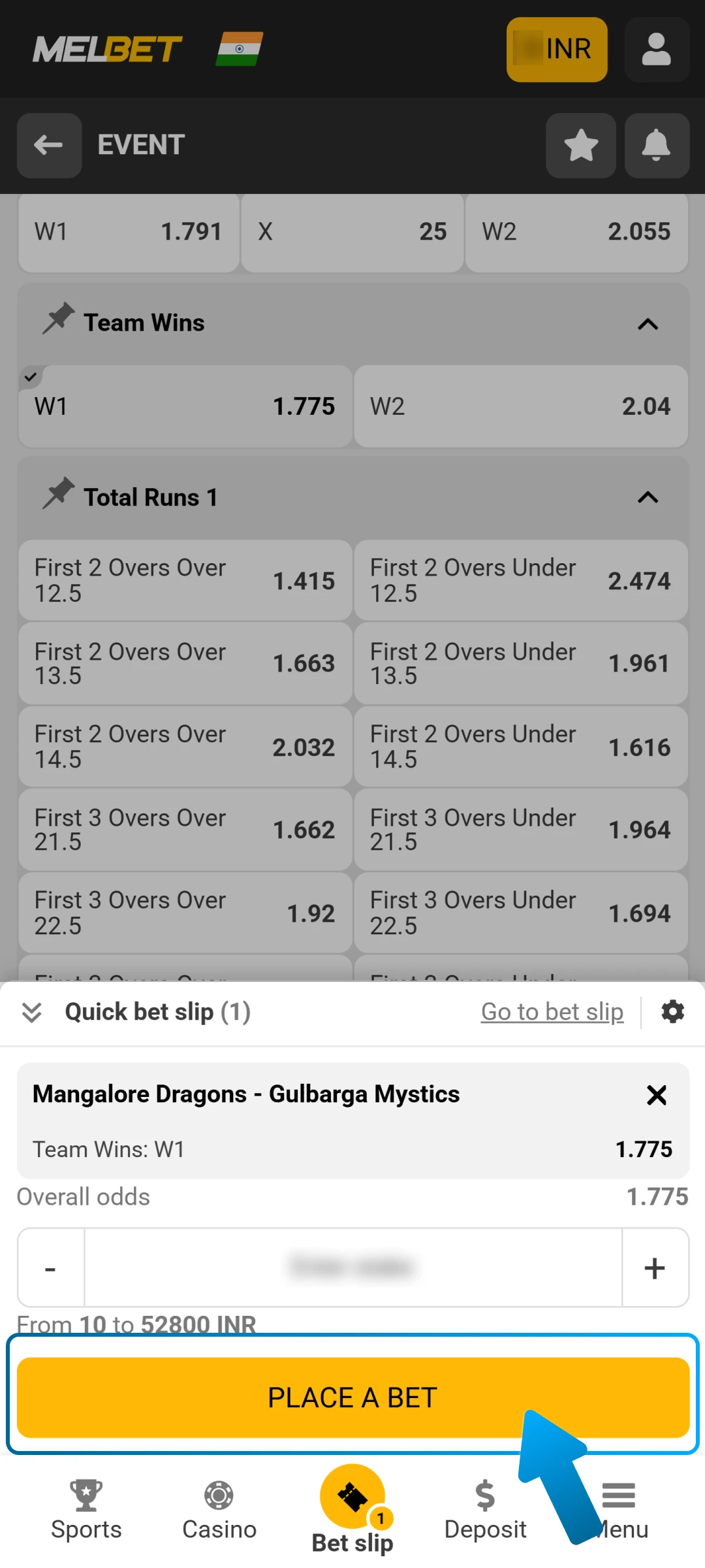 Confirm your bet to finish the Melbet sports wagering process.