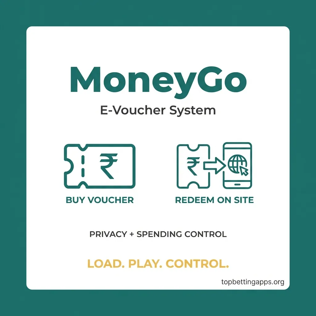 MoneyGo betting deposits - ₹500-50,000 voucher range, zero fees on purchase, instant site credit, no withdrawal capability