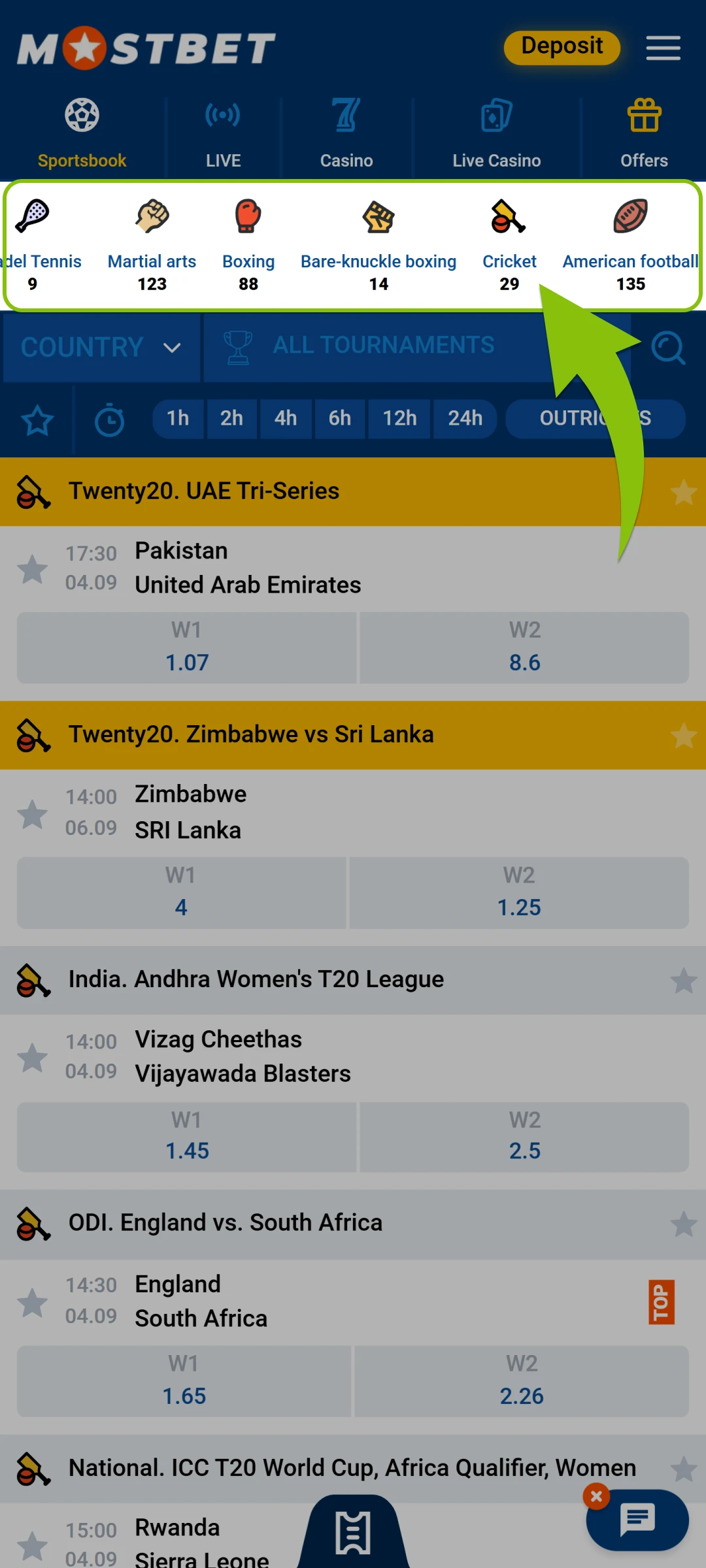 Select a sport in India on the Mostbet App to place bets.