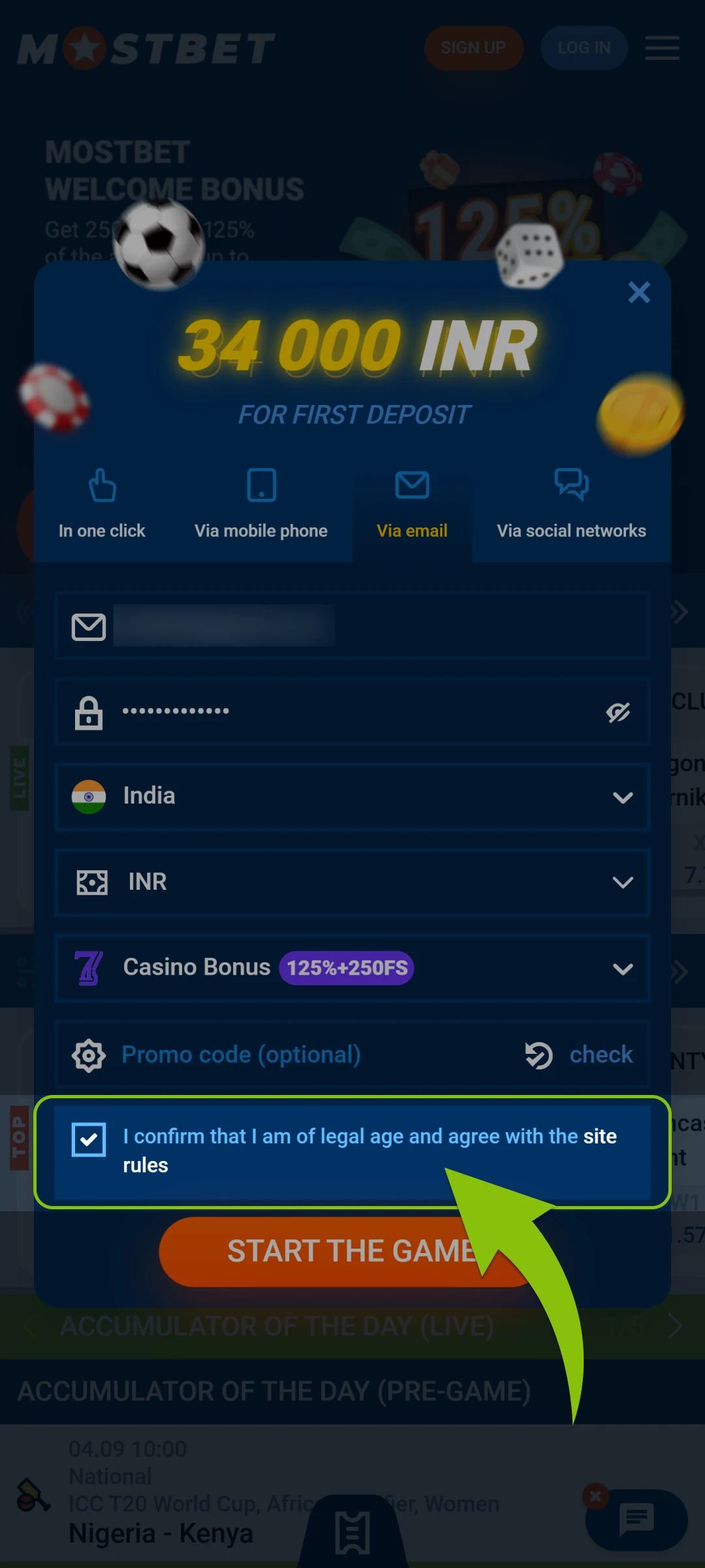 Accept the terms and conditions for your Mostbet App account.