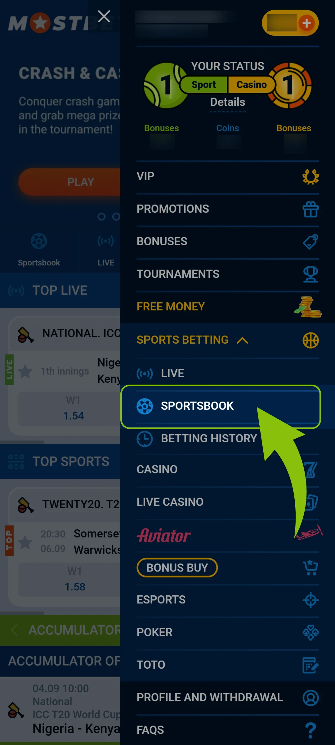 Access the sports category within the Mostbet App to place bets.