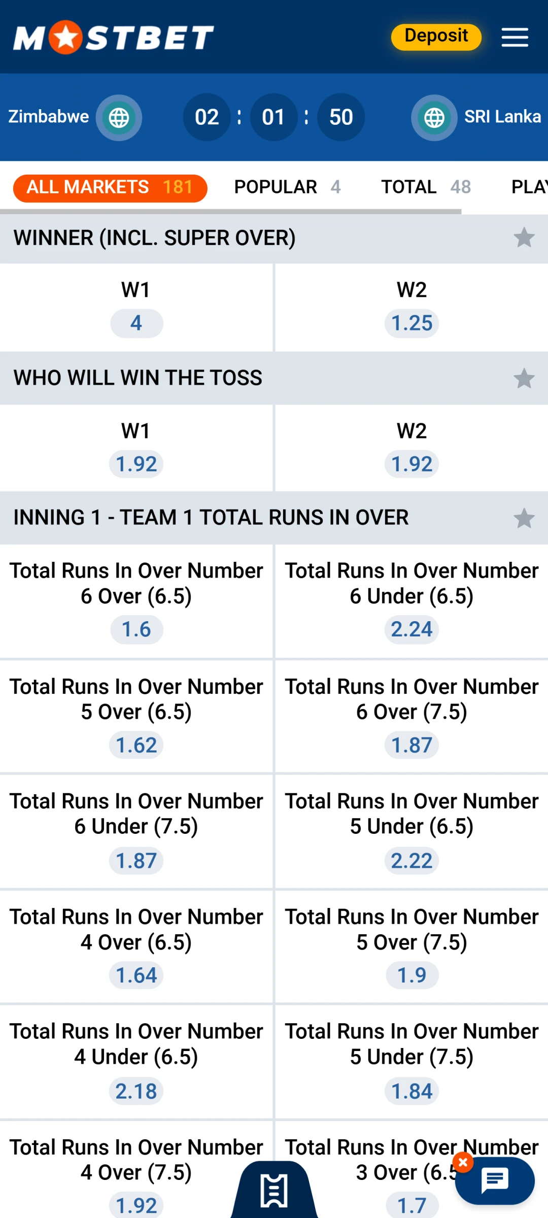 Review the available markets on the Mostbet App to place bets.