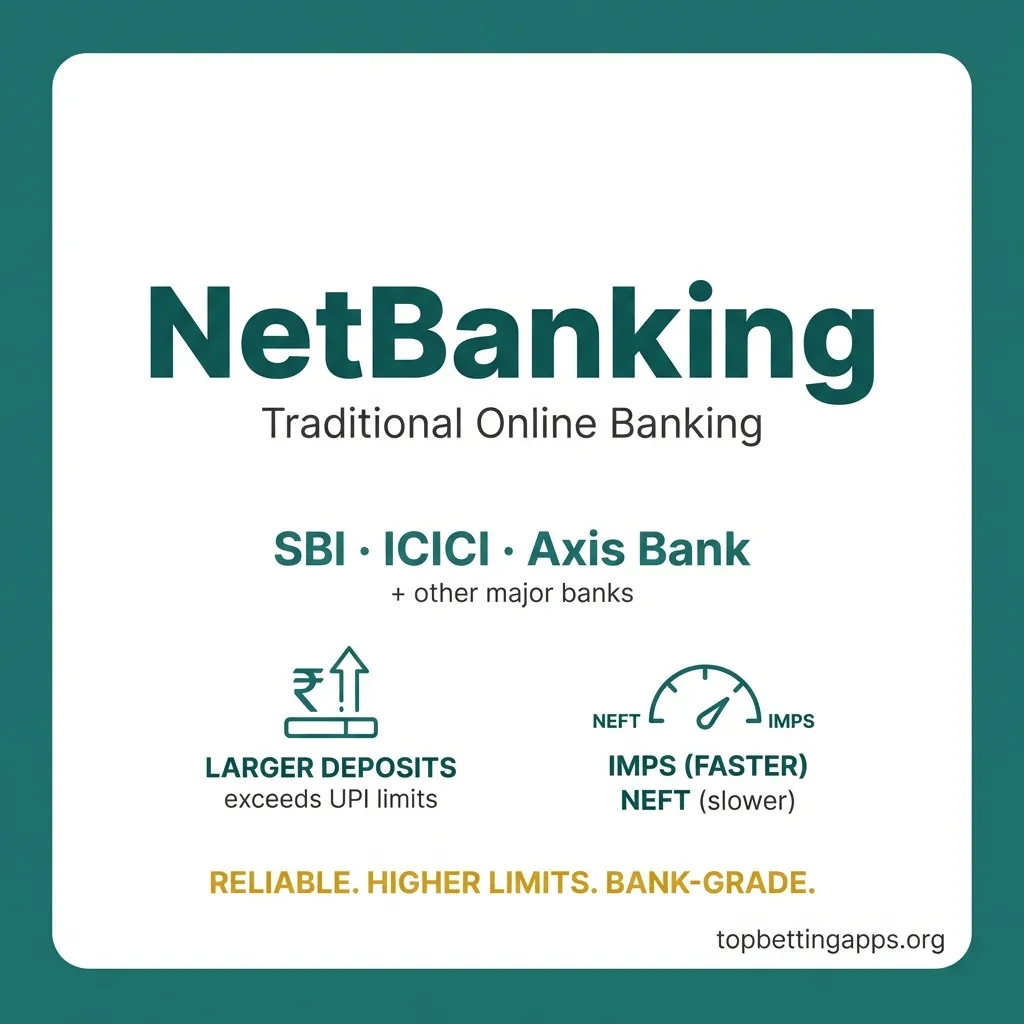 Best NetBanking betting apps - platforms with IMPS integration, quick verification, large deposit acceptance, traditional payment method