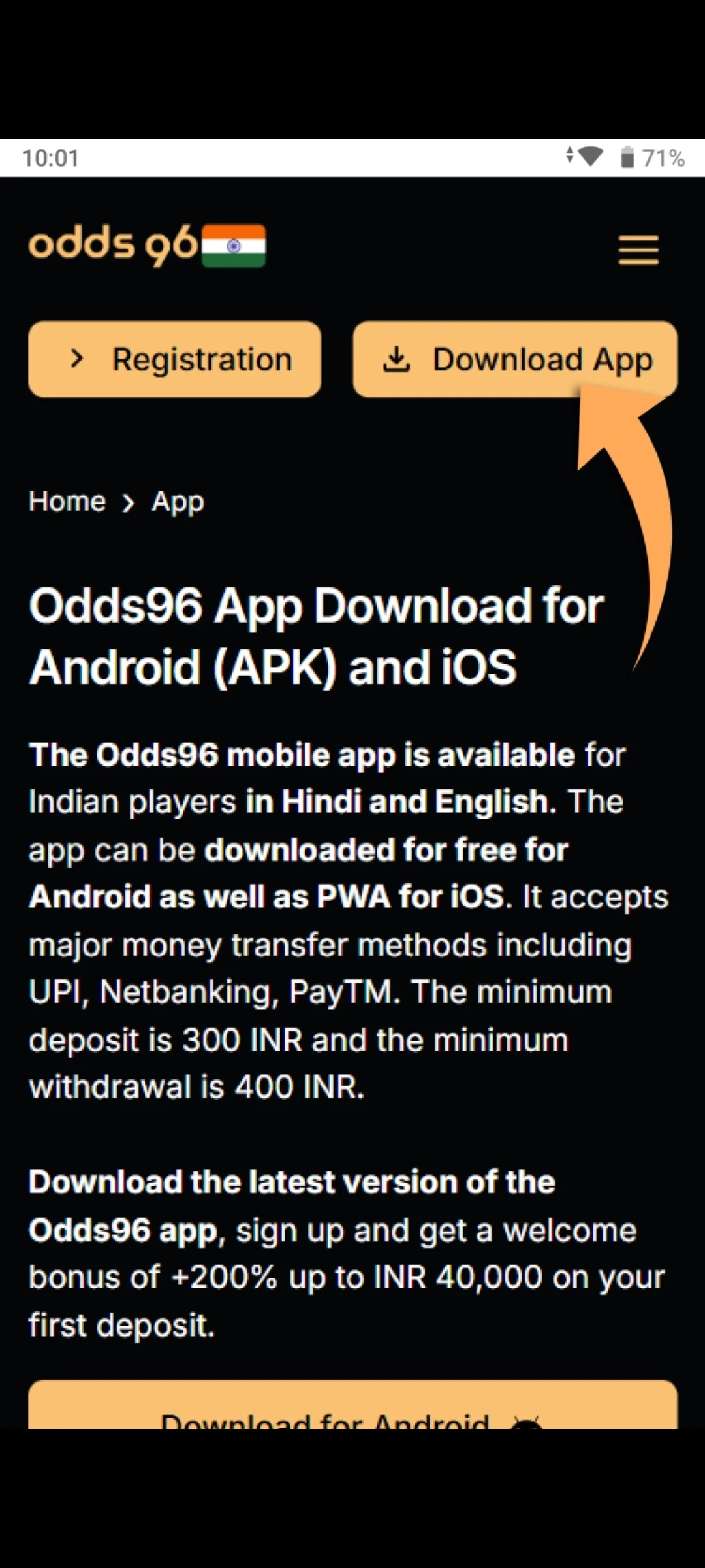 Obtain the Odds96 App installation package for Android from the site.