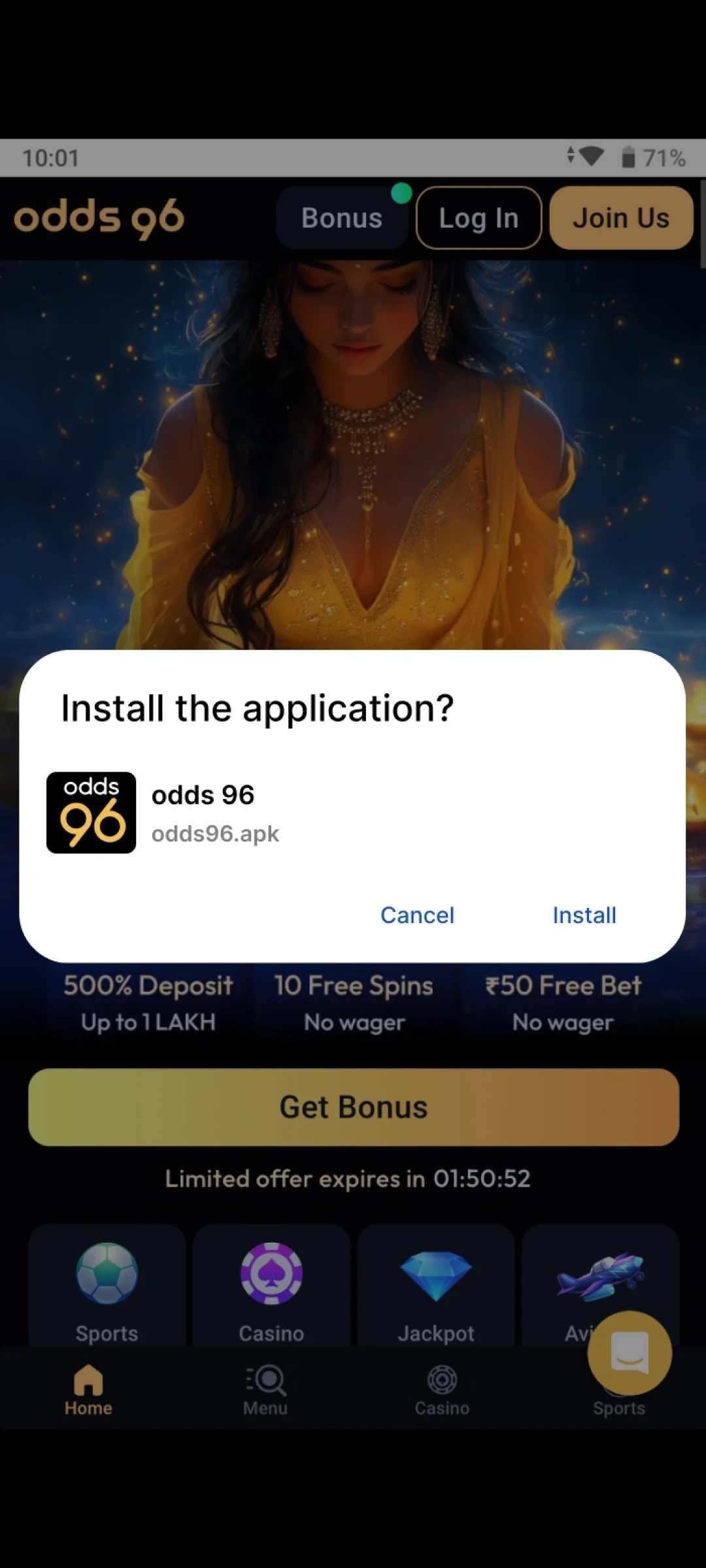 Click the setup button to integrate the Odds96 App on Android.