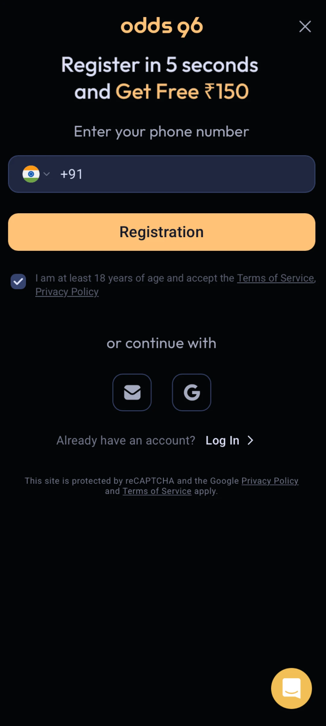 Pick a convenient social or email method to join Odds96 App.