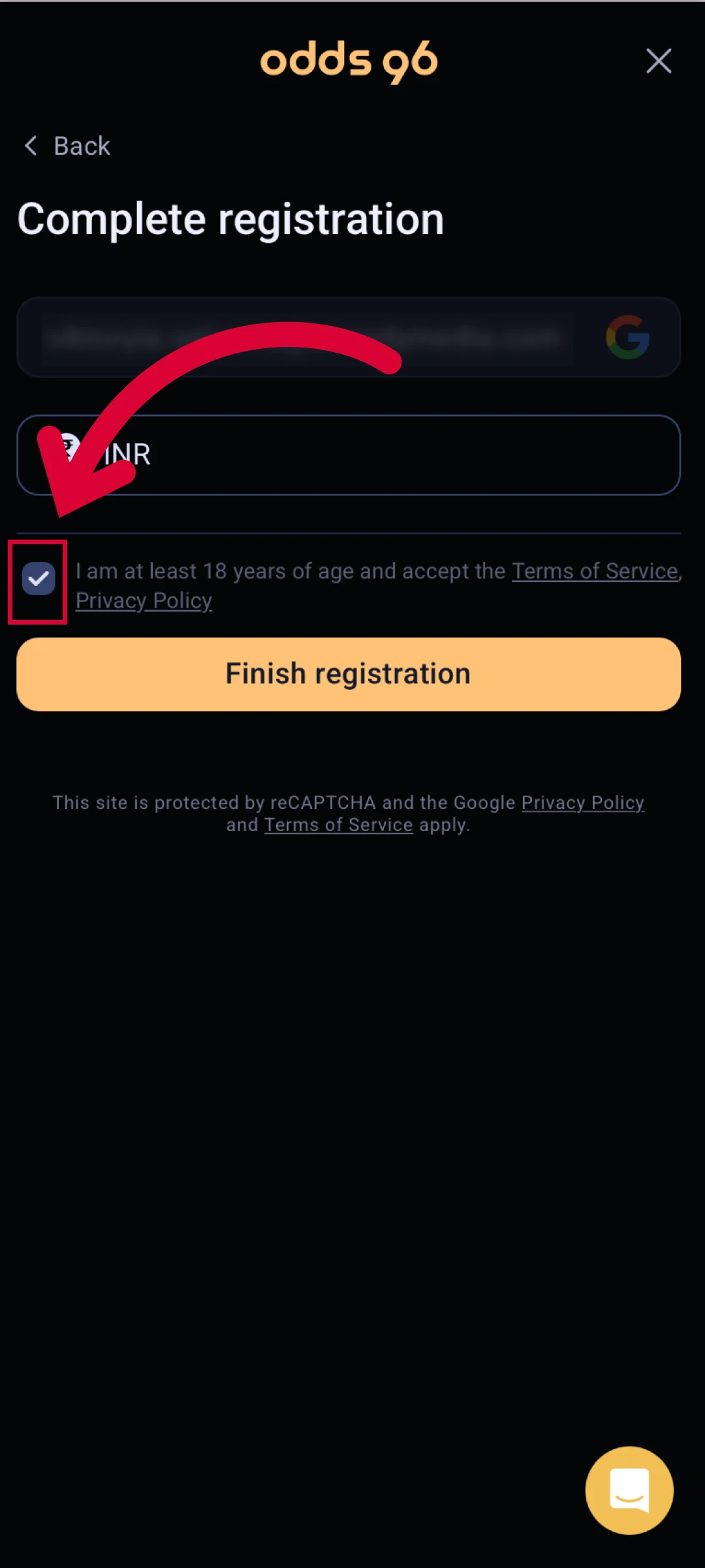 Accept the legal terms to authorize your new Odds96 App account.