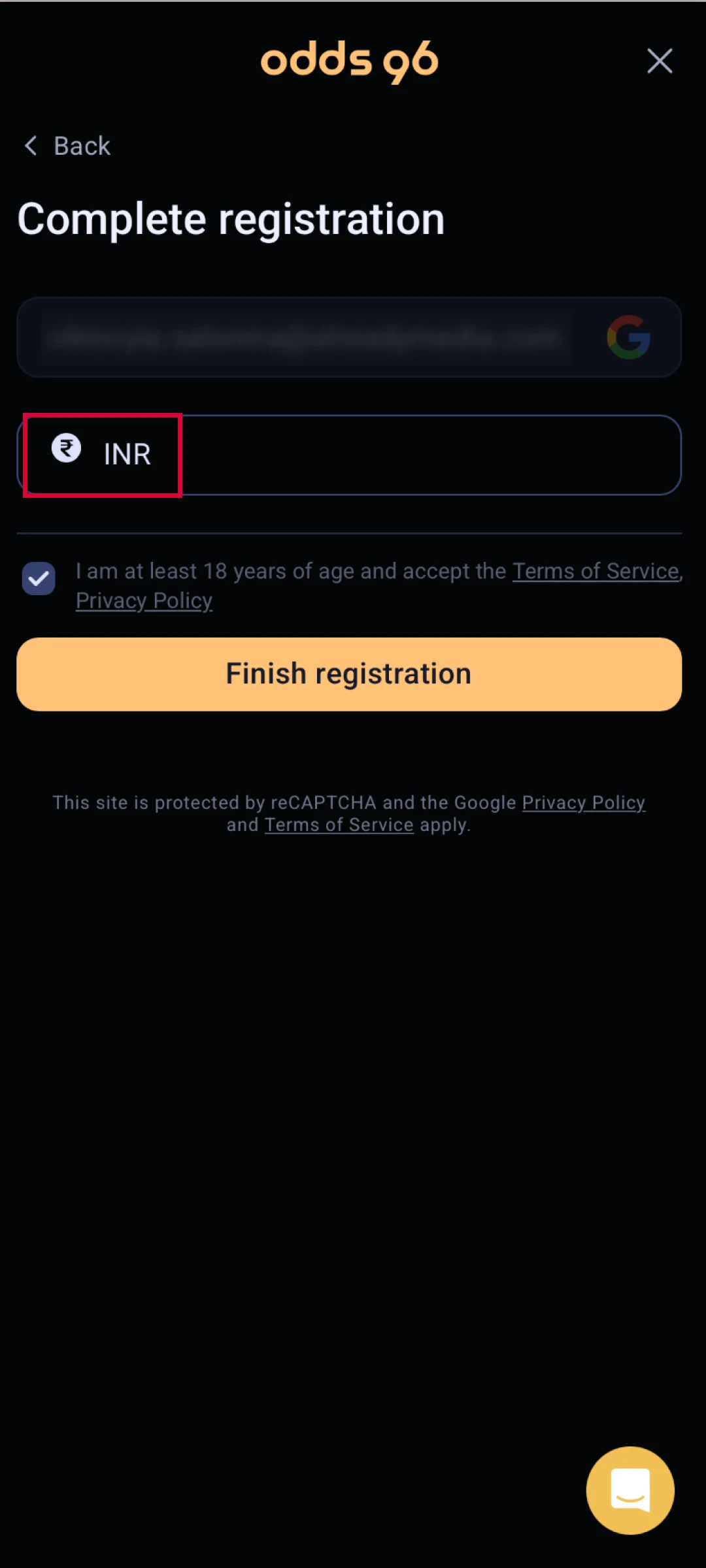 Provide your personal information to set up the Odds96 App profile.