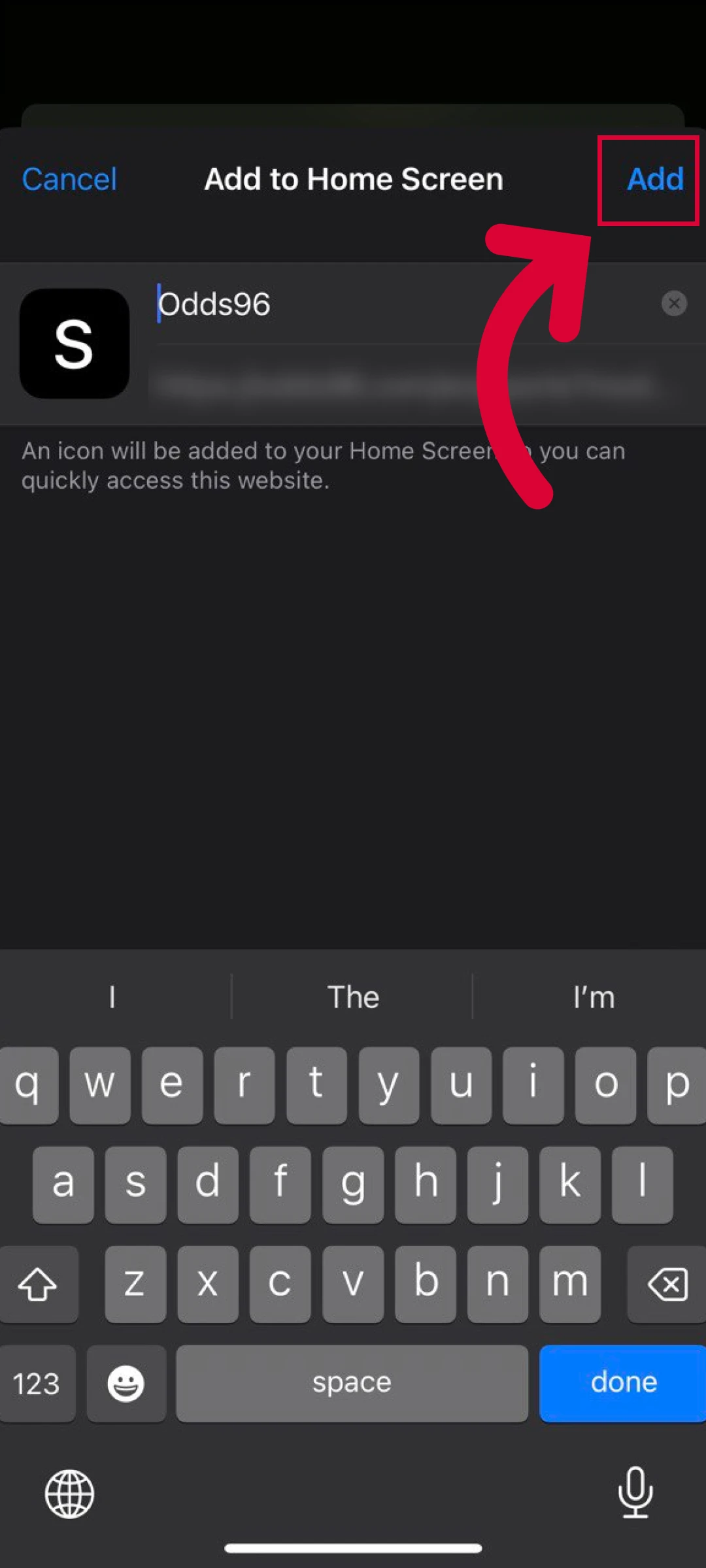 Press the add button to finalize your Odds96 App iOS setup.