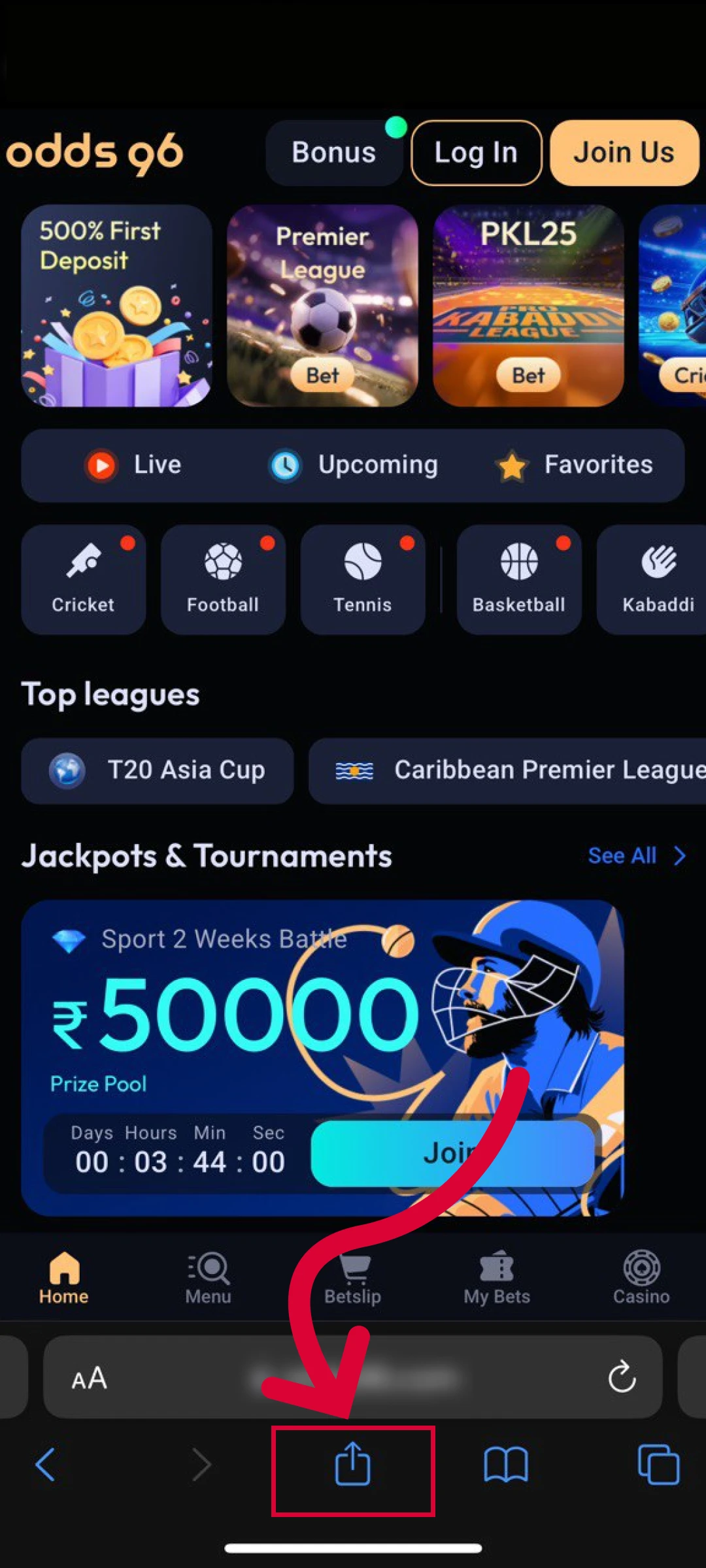 Tap the browser share icon to configure the Odds96 App iOS.