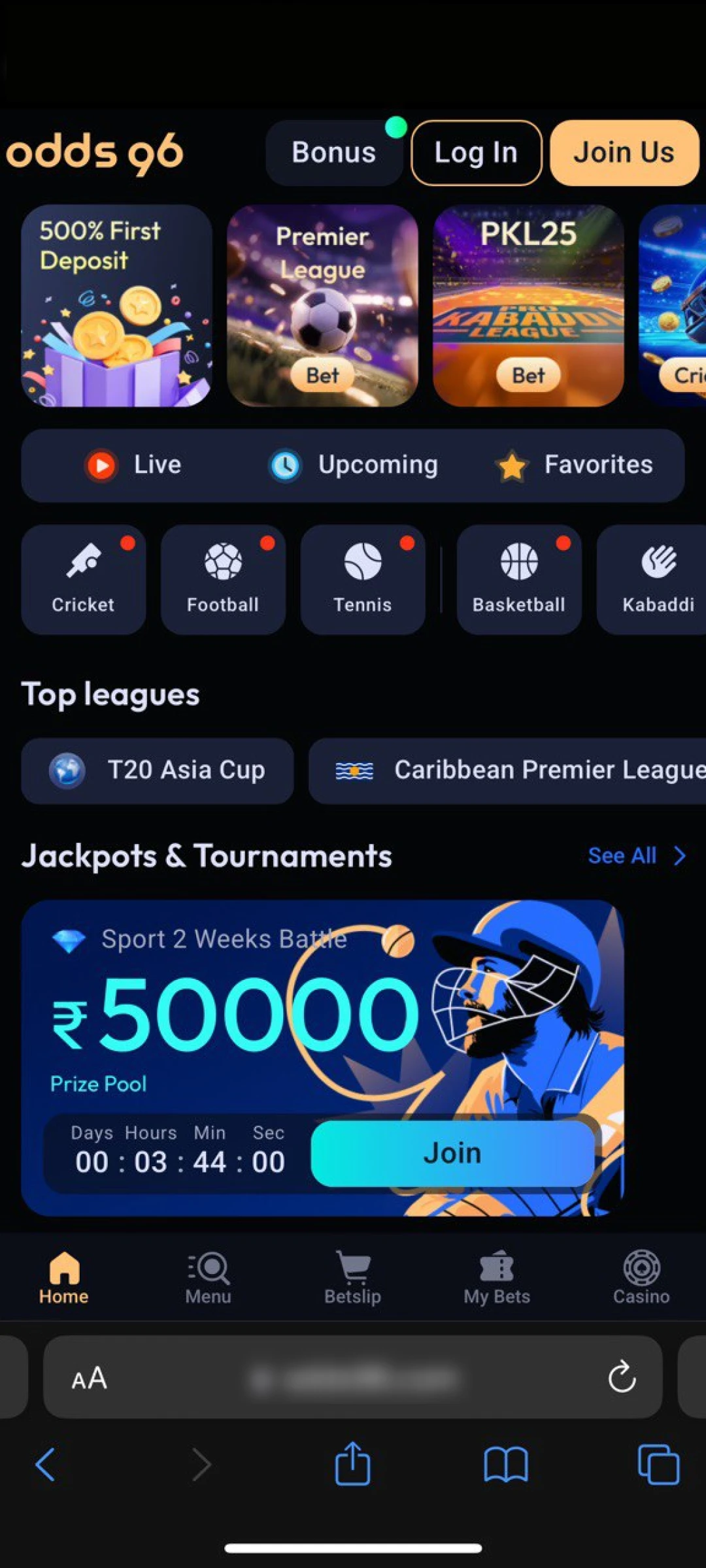 Open the Safari browser to visit the official Odds96 App iOS.