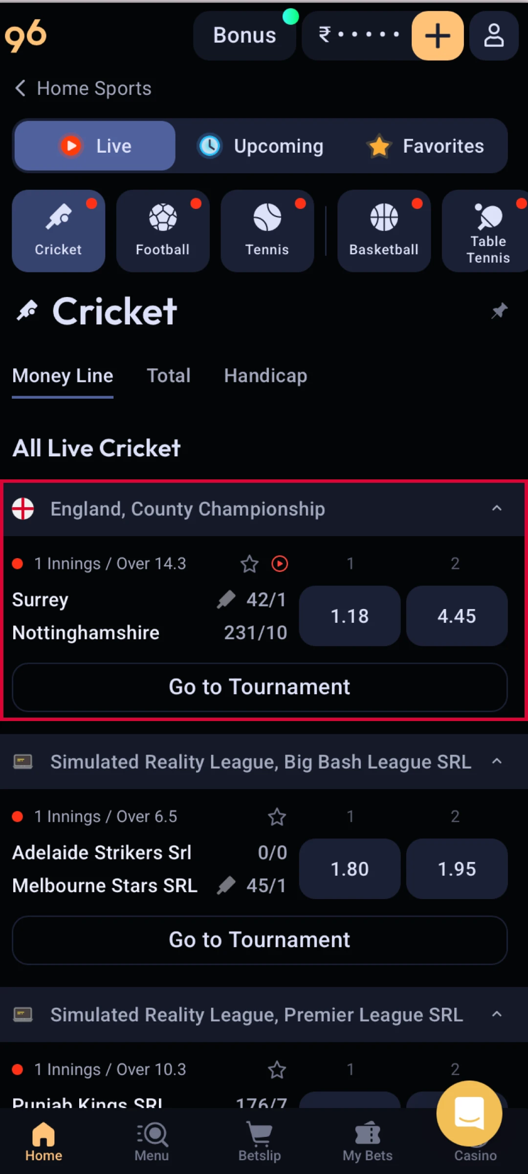Locate an exciting sporting match to place your secure Odds96 App bet.