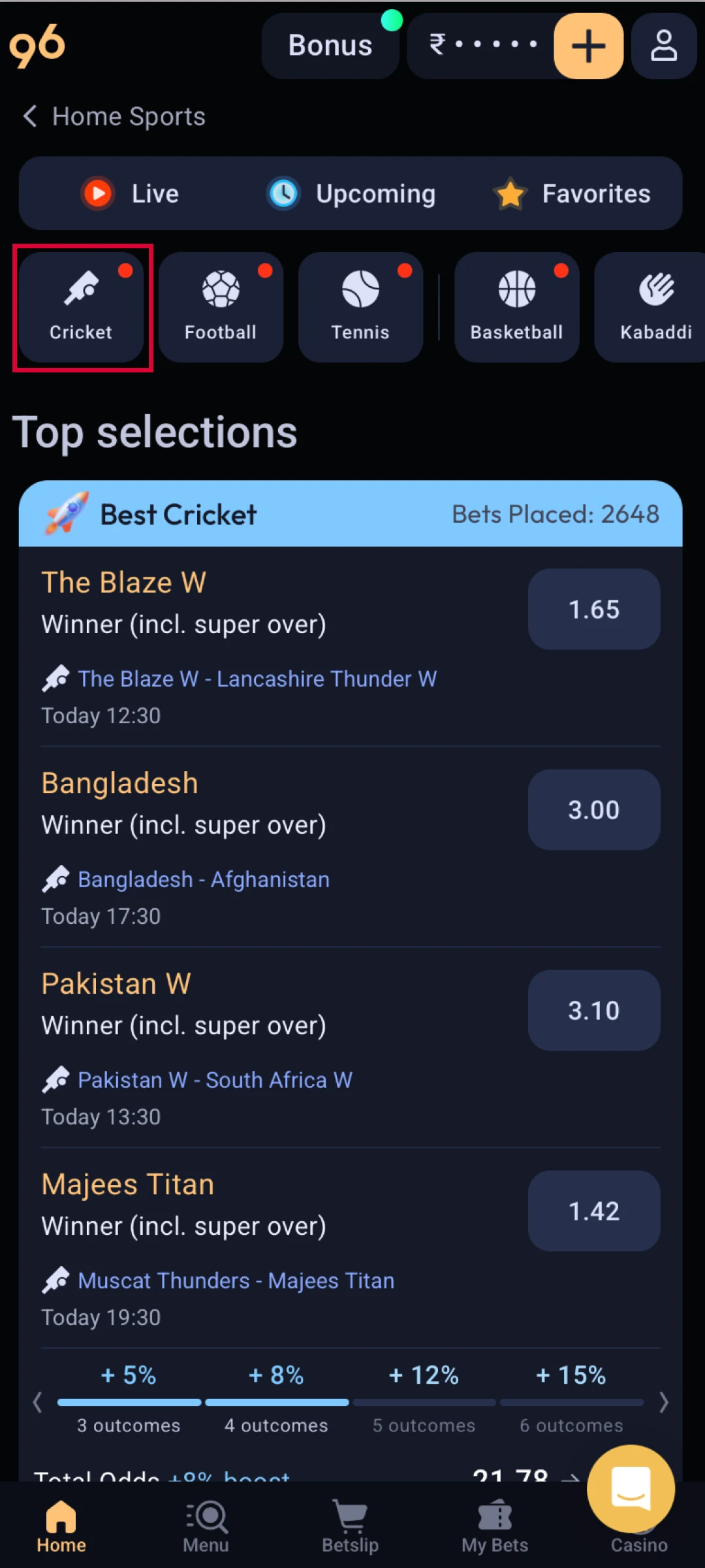 Navigate to the sportsbook category to find a winning Odds96 App bet.