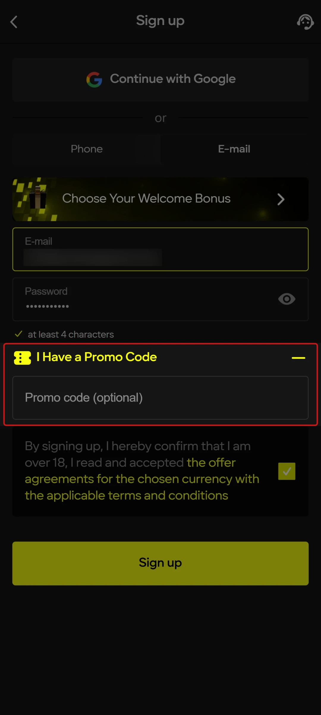 Apply a Parimatch promo code during the registration process for rewards.