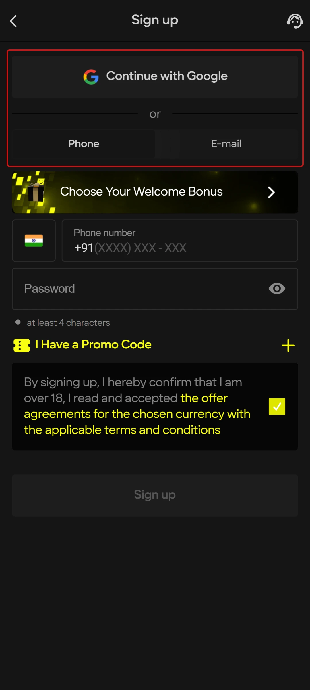 Select phone, email, or Gmail for Parimatch account sign up.