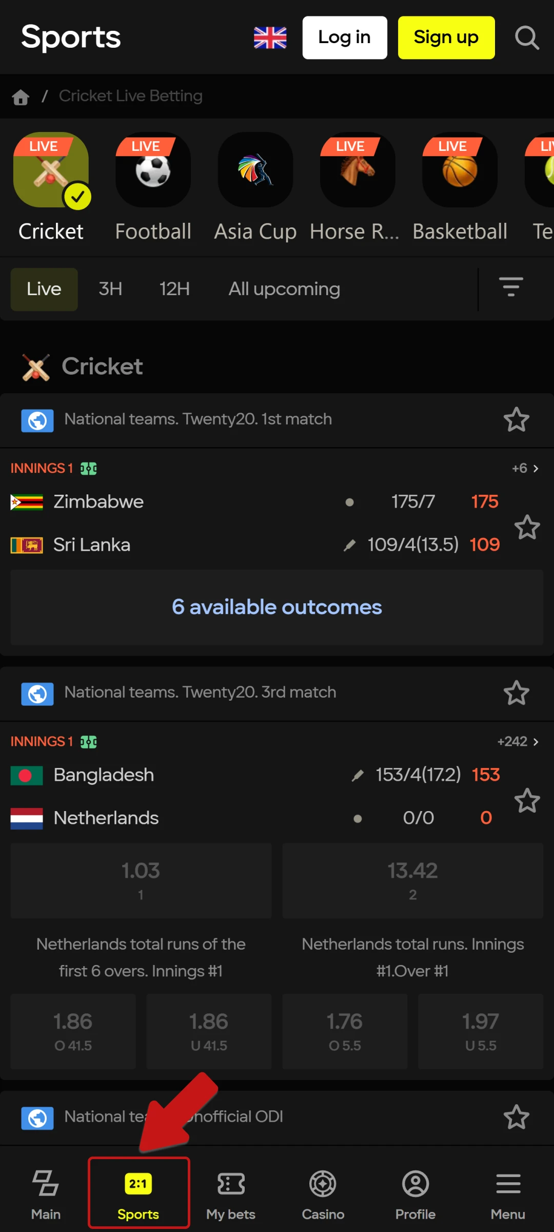 Navigate to the sports or live betting section on Parimatch dashboard.