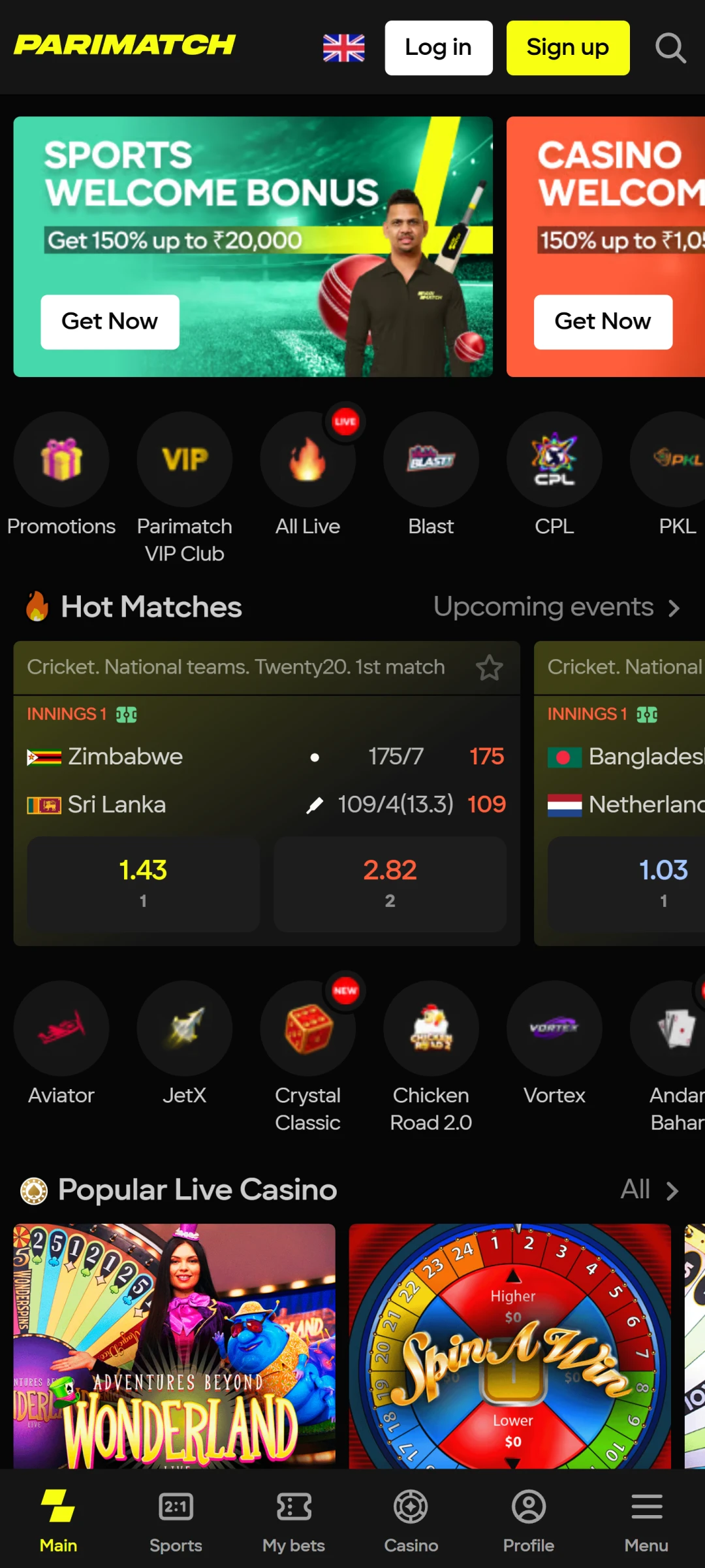 Launch official Parimatch India app or mobile website to start betting.