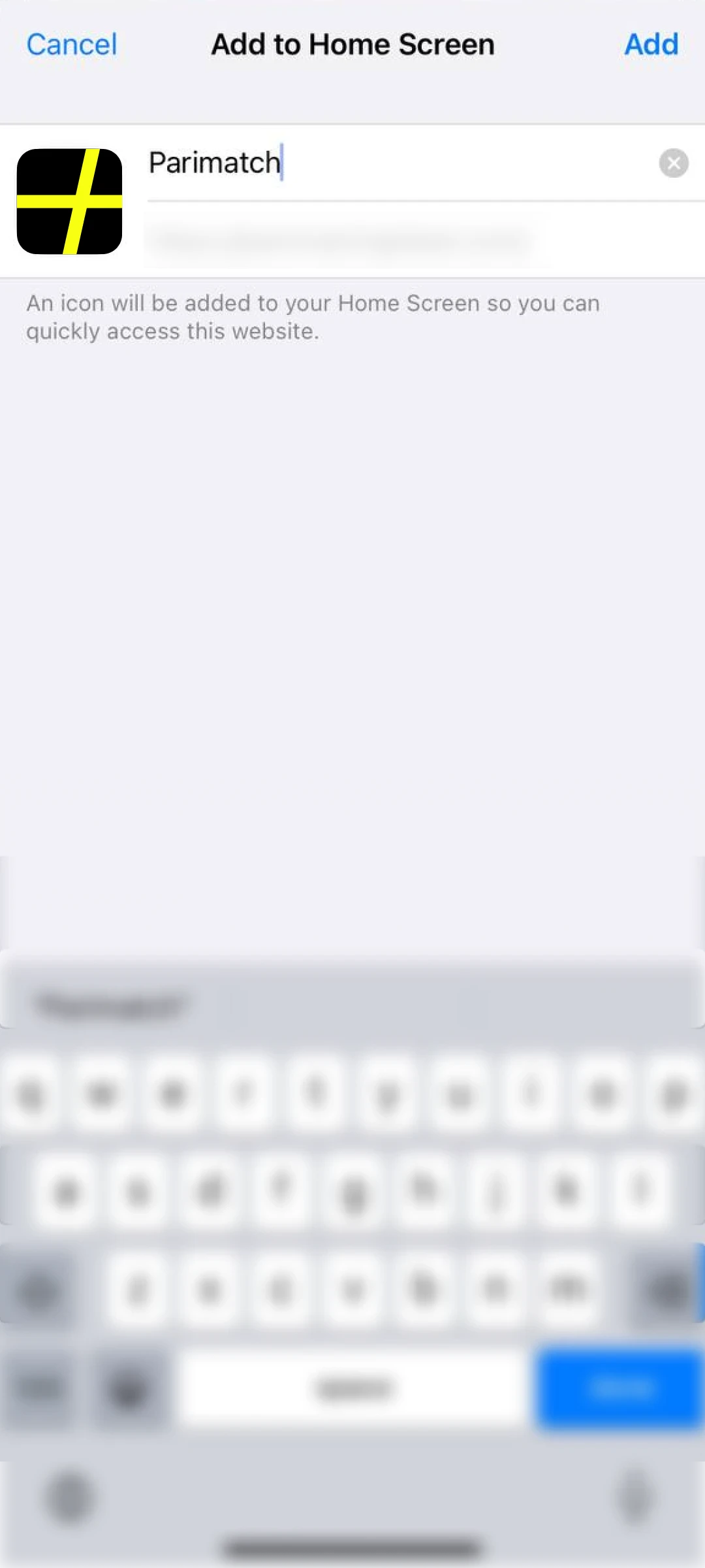 Confirm the shortcut name and tap add for the Parimatch app.