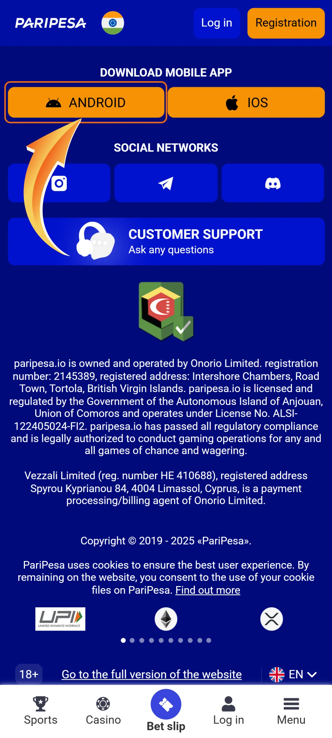 Visit the official site to download the Paripesa APK for Android.