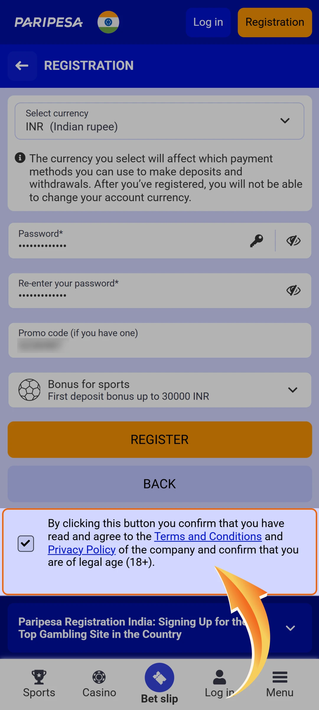 Accept Paripesa terms and conditions to verify your age and eligibility.