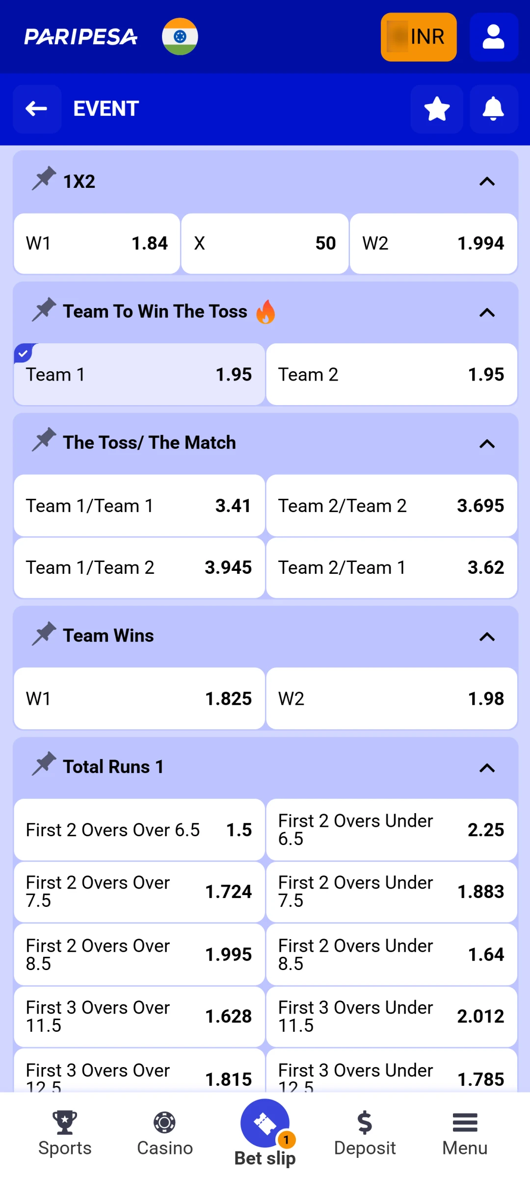 Review all available betting markets and select your Paripesa bet type.