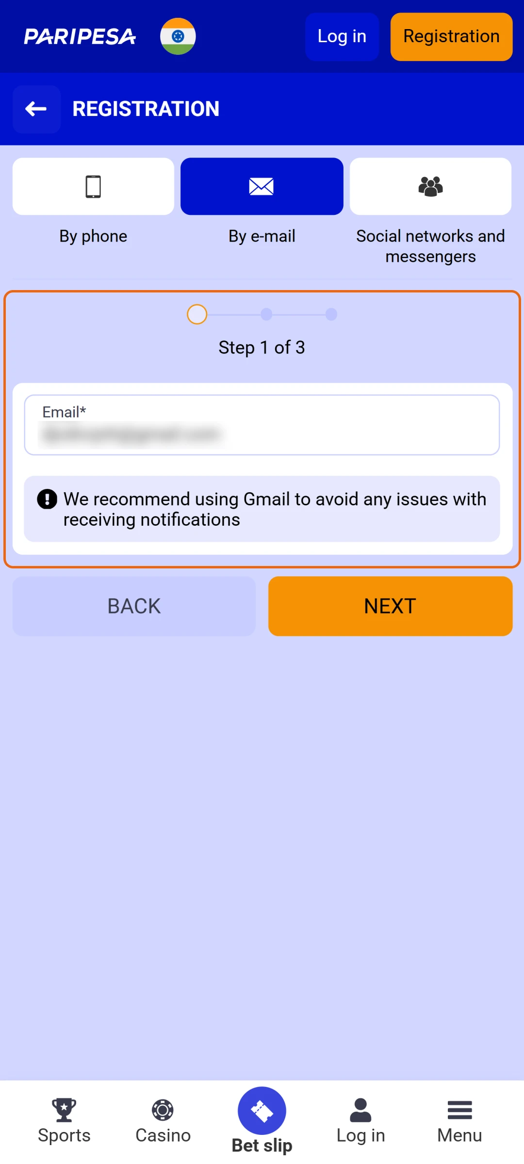 Enter your personal details to complete the Paripesa registration form accurately.