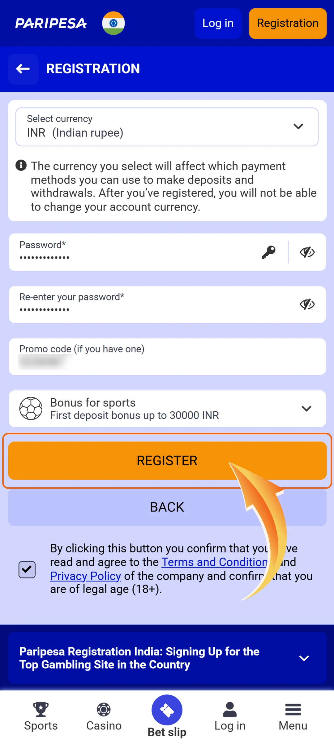Finalize your Paripesa registration and start betting on your favorite sports.