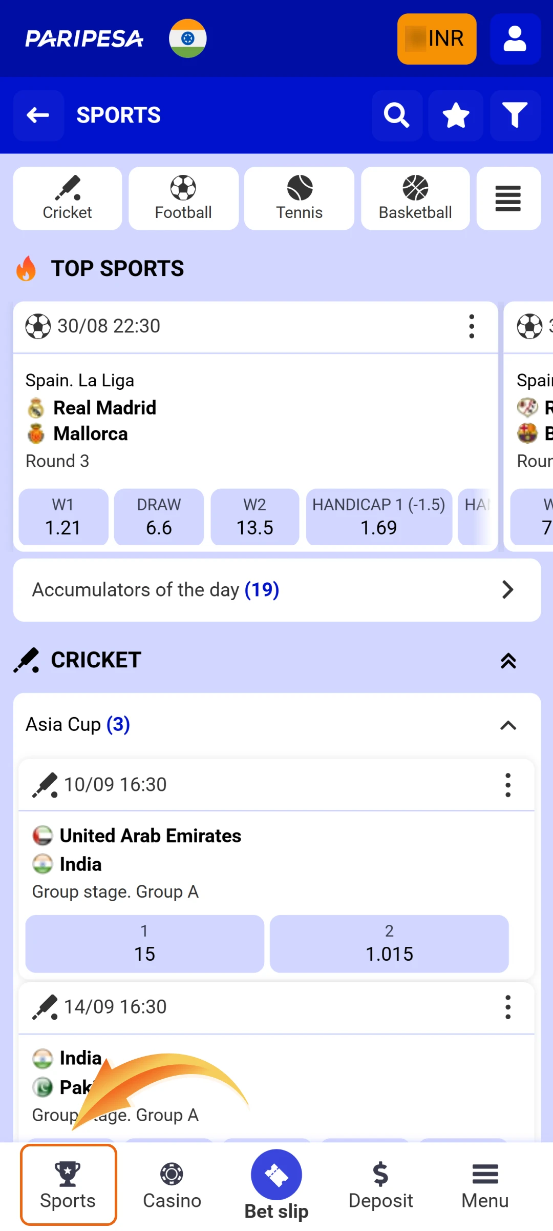 Navigate to the sports betting section within the Paripesa mobile interface.