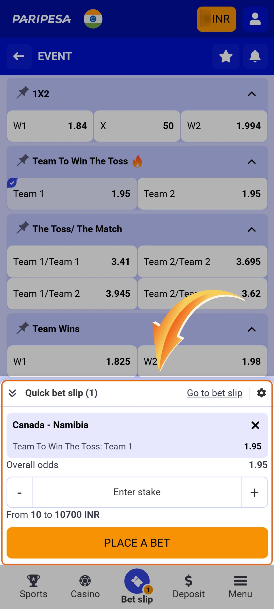 Enter the stake amount and confirm to place your Paripesa bet.