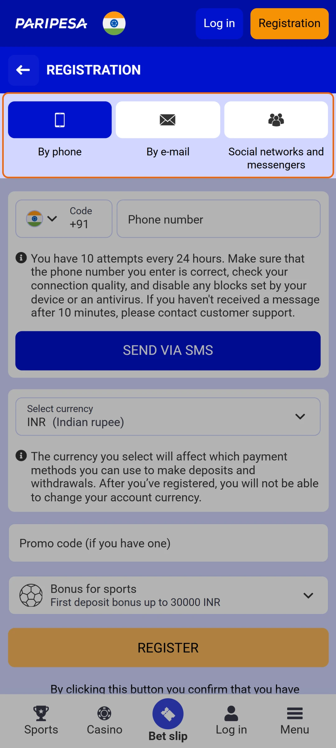 Pick your preferred sign-up method to create a Paripesa account in India.
