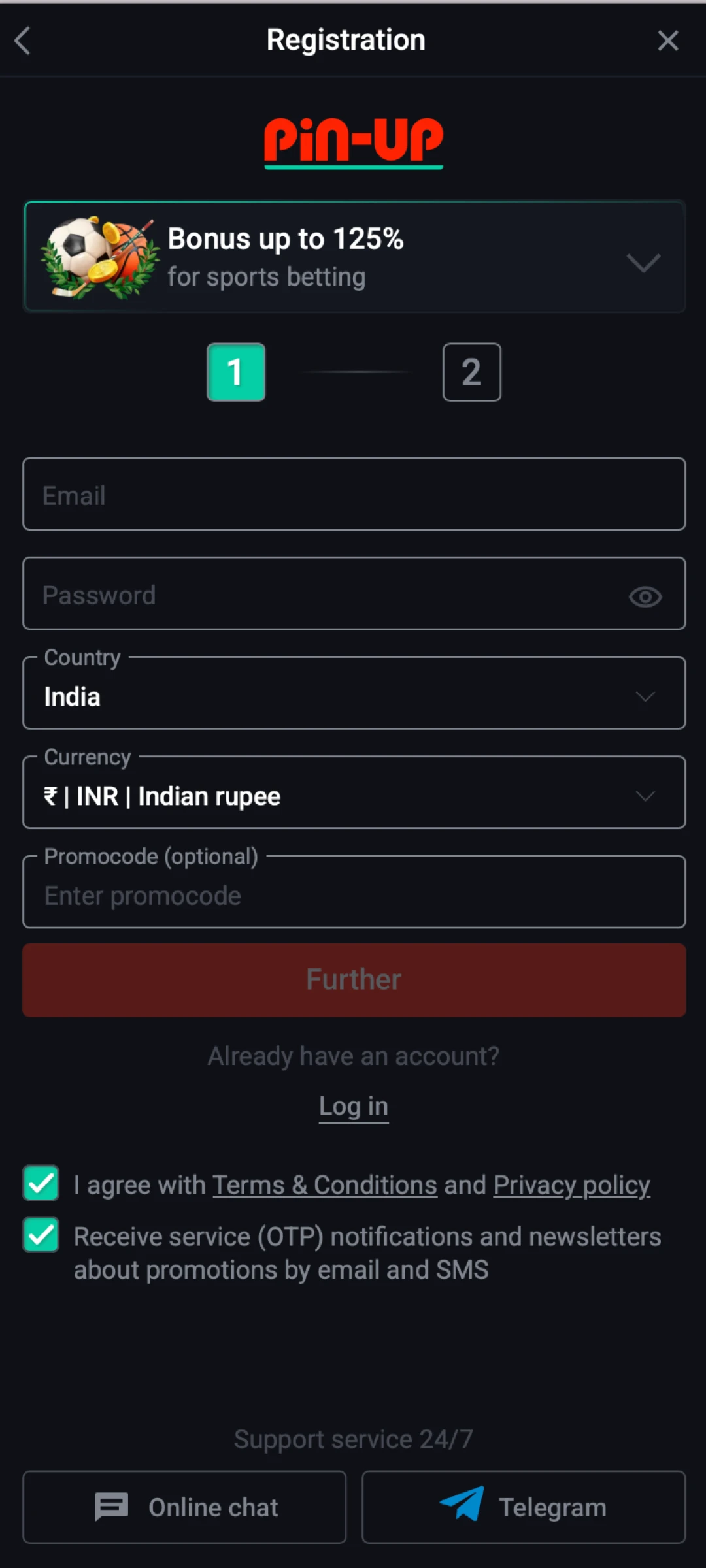Pick your preferred contact channel to create a Pin-Up App Account.