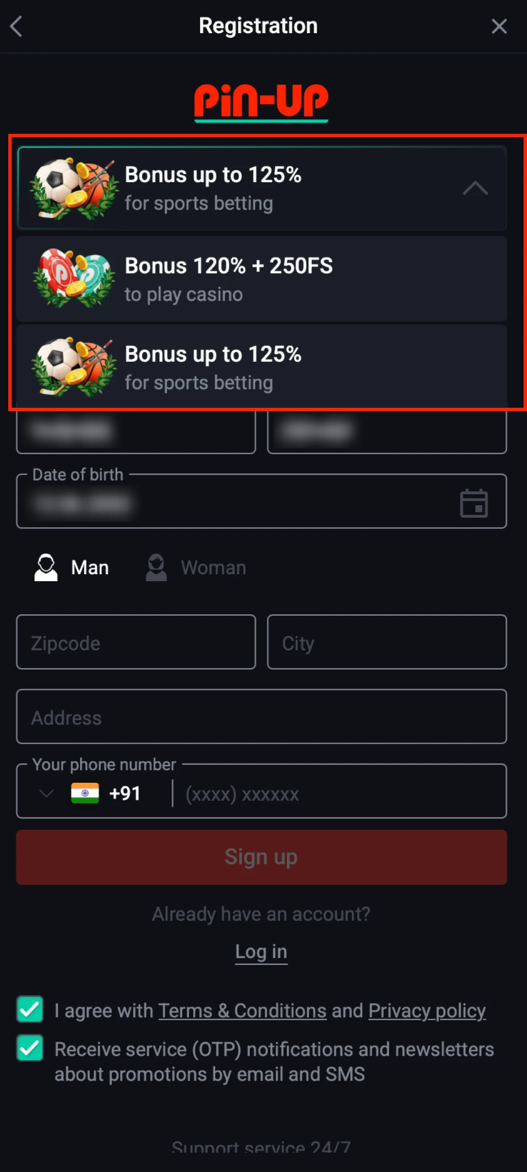 Select a rewarding sign-up offer for your Pin-Up App Account balance.