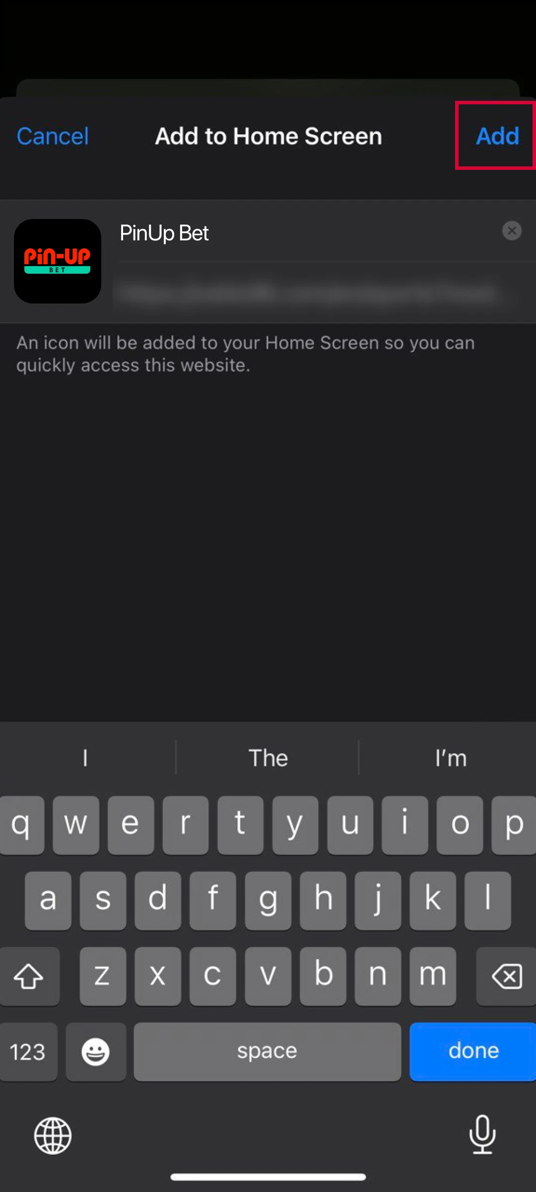 Click the add button to complete installing the Pin-Up App on iOS.