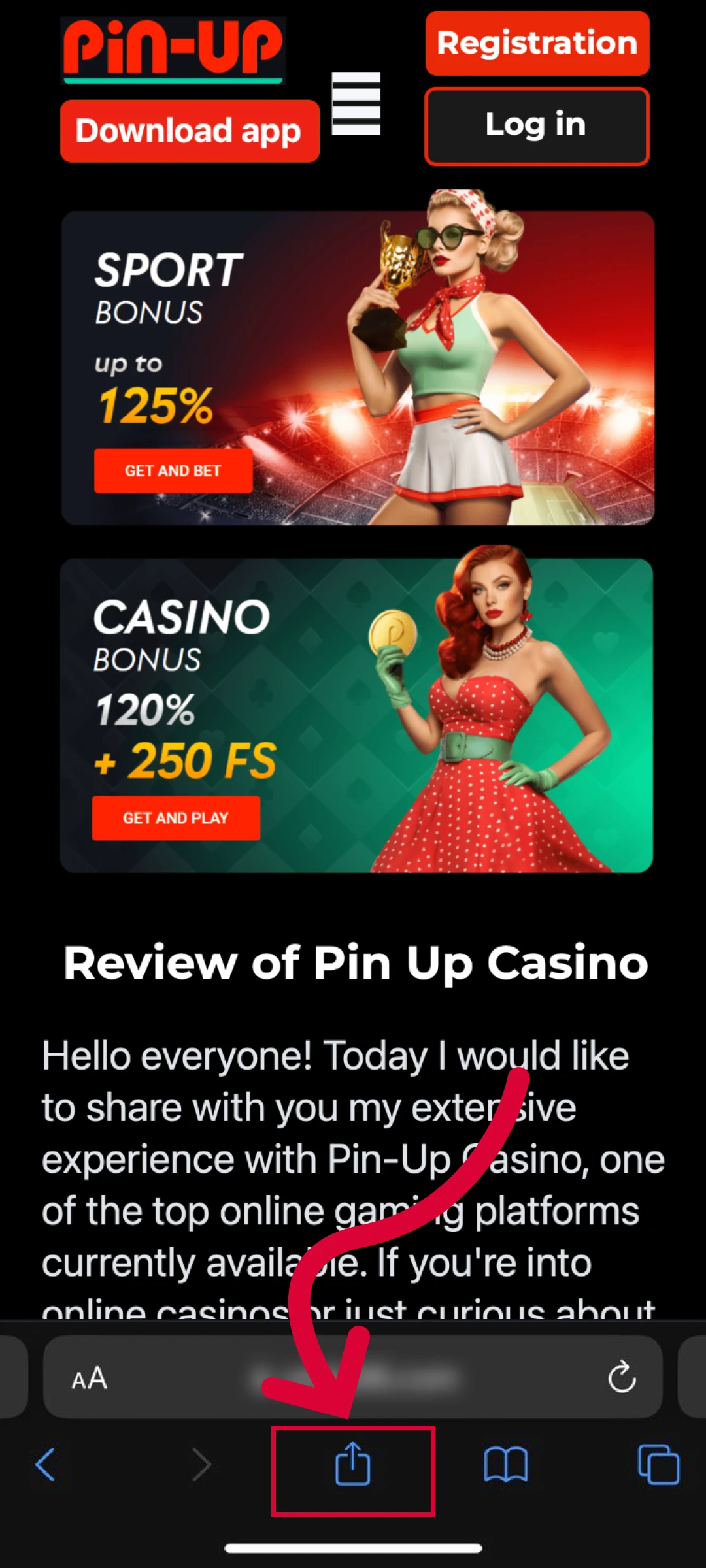 Trigger the Safari share functionality to set up your Pin-Up App iOS.