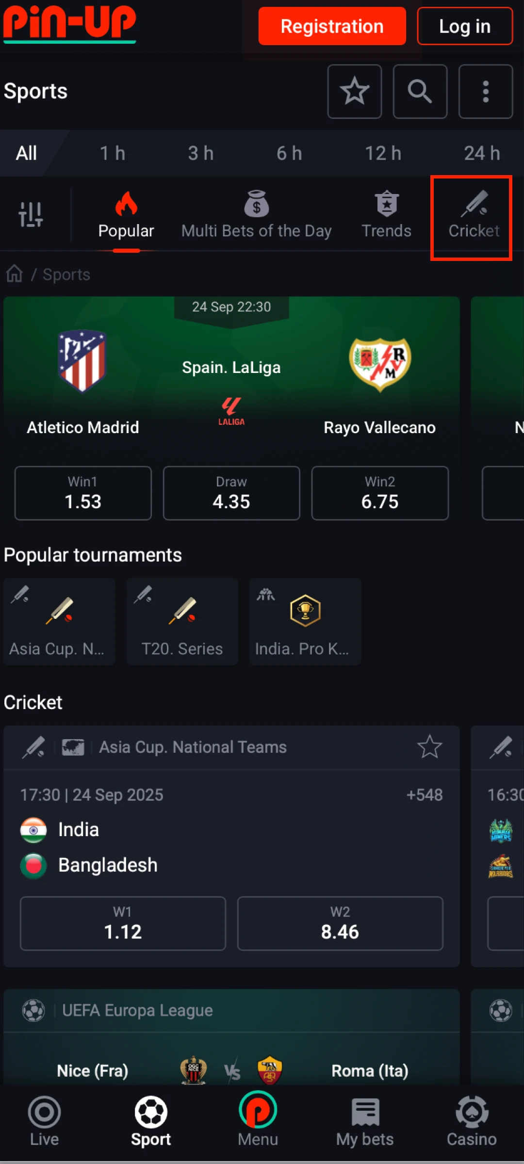 Choose an athletic discipline where you want to place a Pin-Up App bet.