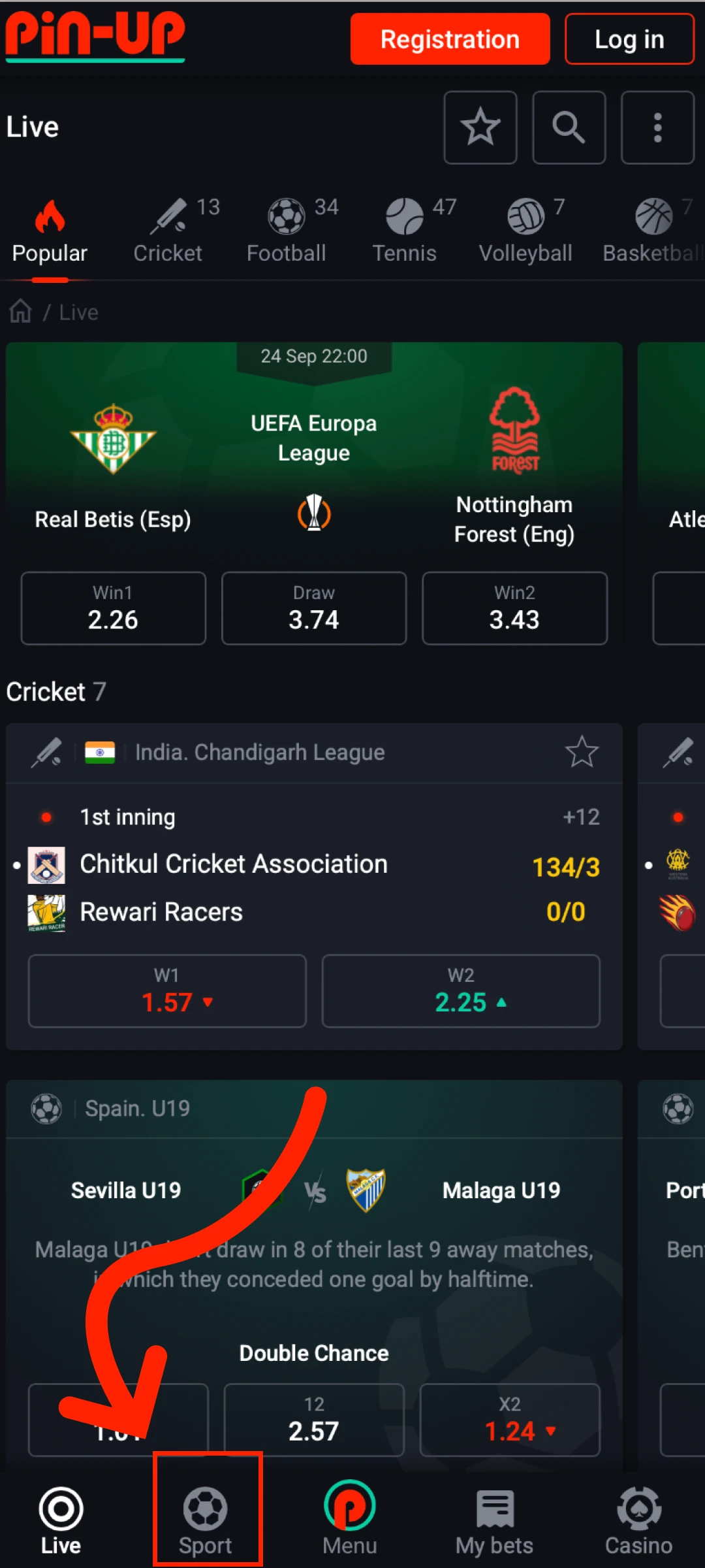 Navigate to your preferred gambling category within the Pin-Up App interface.