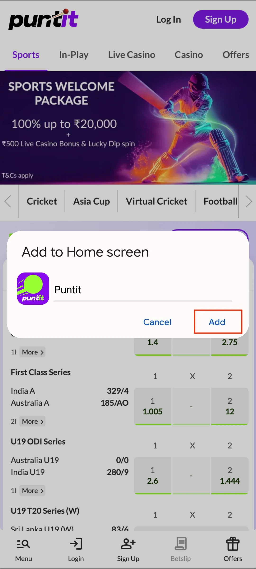 Confirm the name to finish adding PuntIt to your Android device.