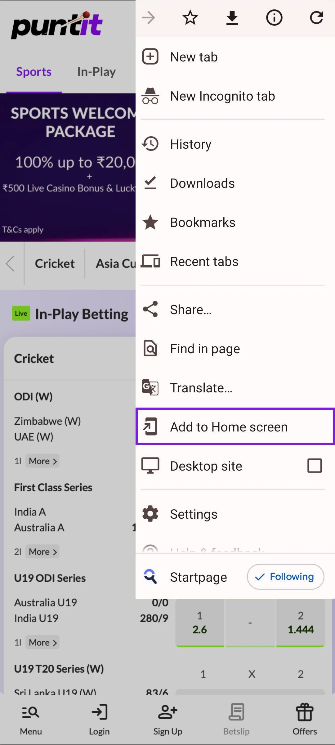 Select the home screen option for your PuntIt Android mobile app.