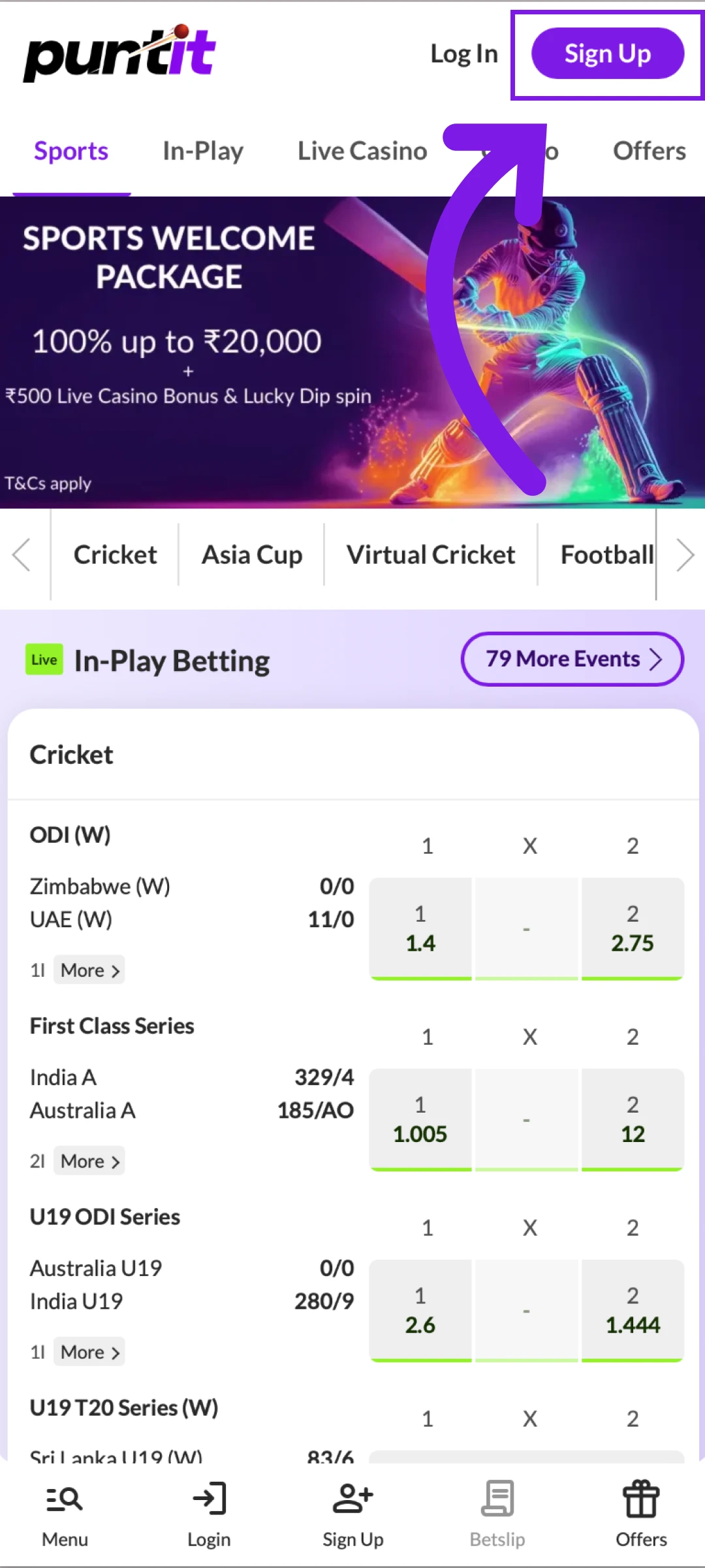 Click the sign up button on the official PuntIt India website.