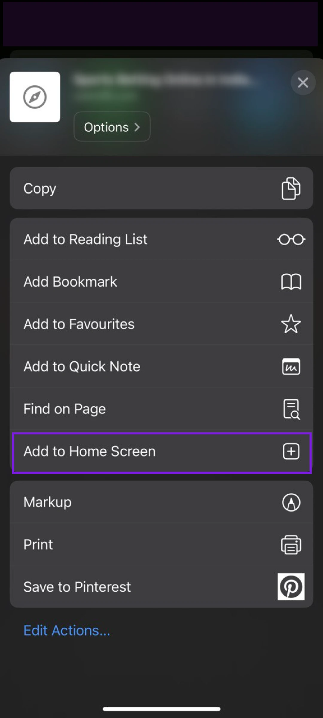 Select add to home screen for the PuntIt iOS mobile version.