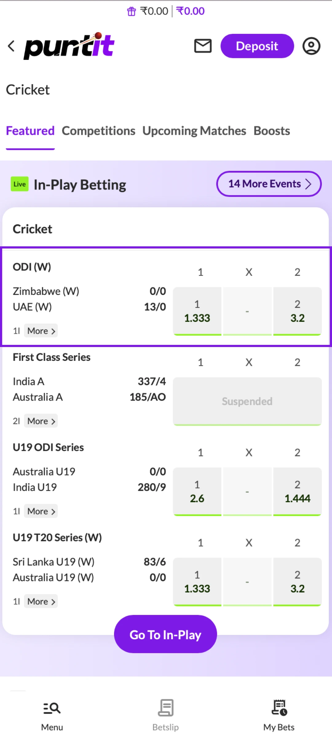 Select a specific match or event on the PuntIt mobile platform.
