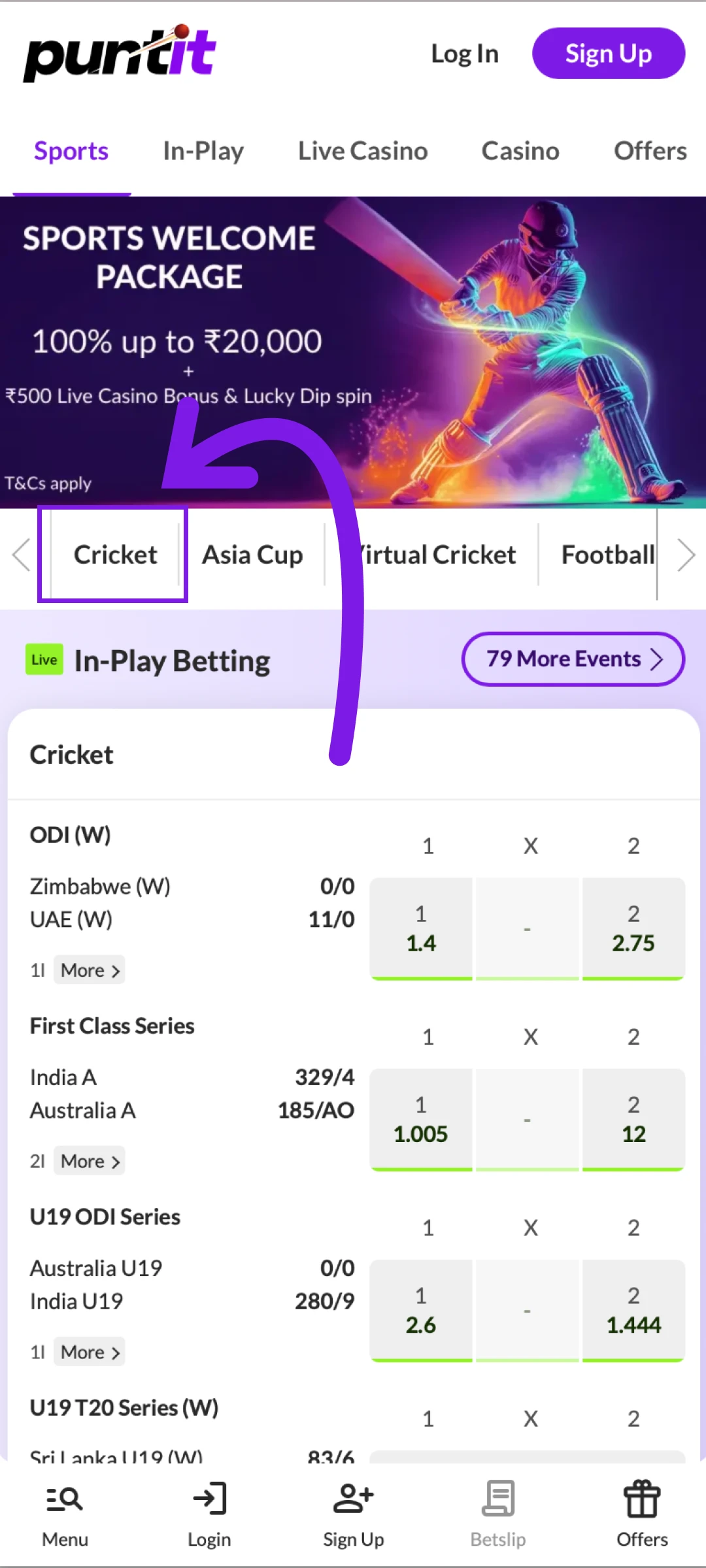 Choose your favorite sport from the PuntIt India betting list.