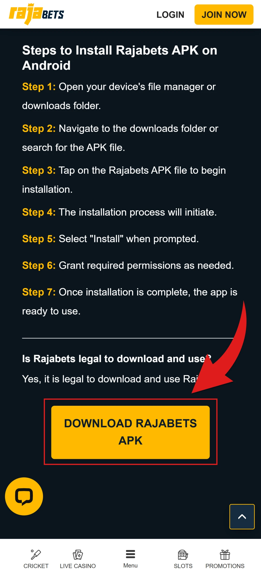 Download the APK file to install the Rajabets Android App.