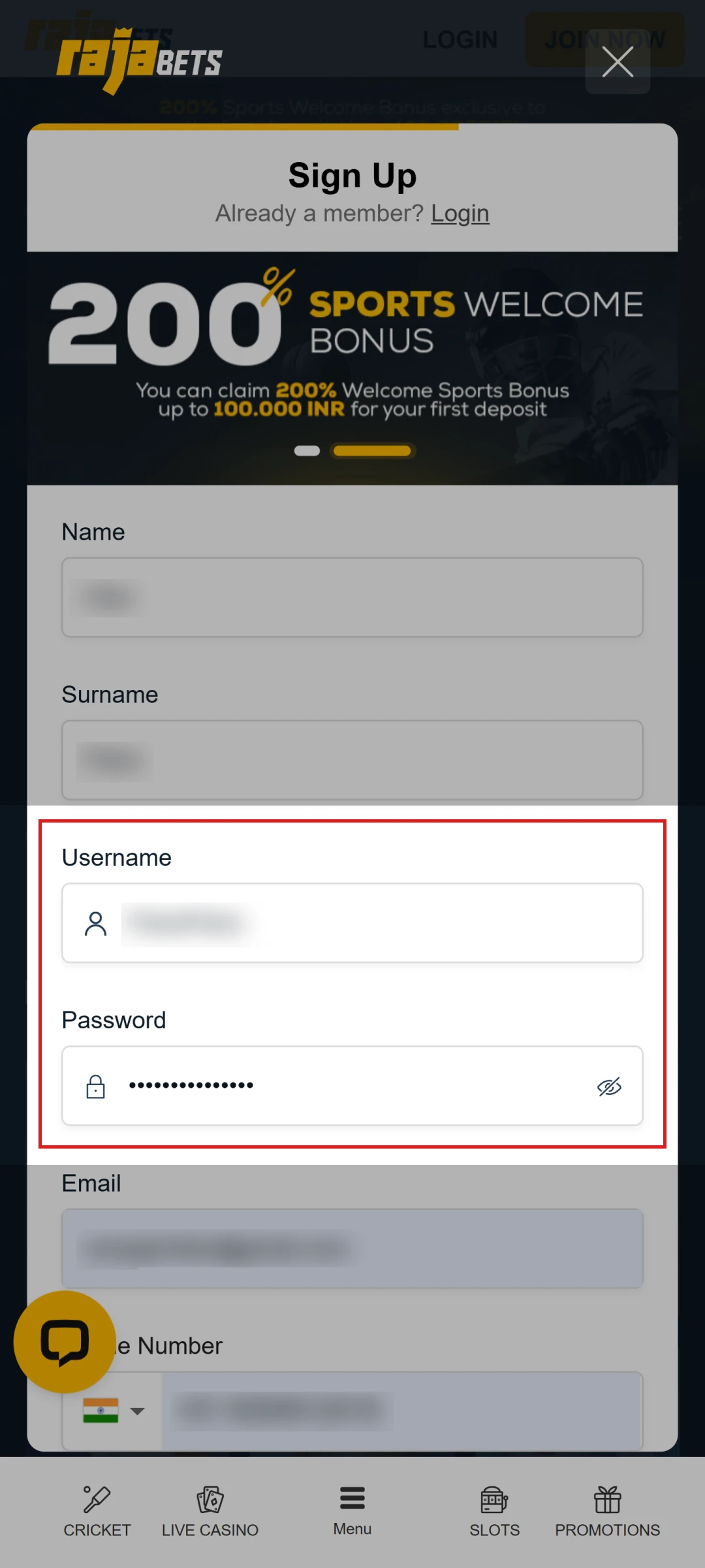 Create a secure login for your personal Rajabets App account.
