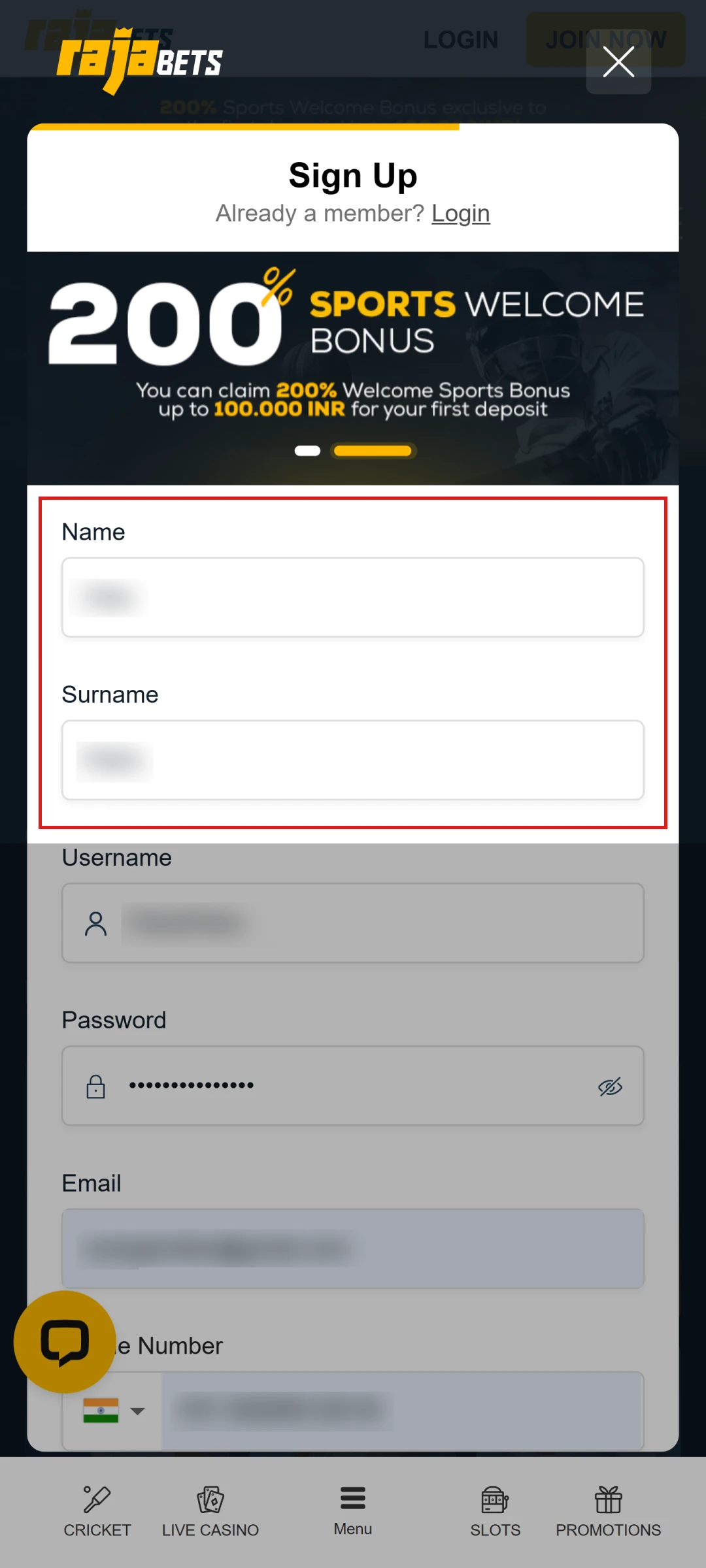 Provide your full name to register a Rajabets App account.