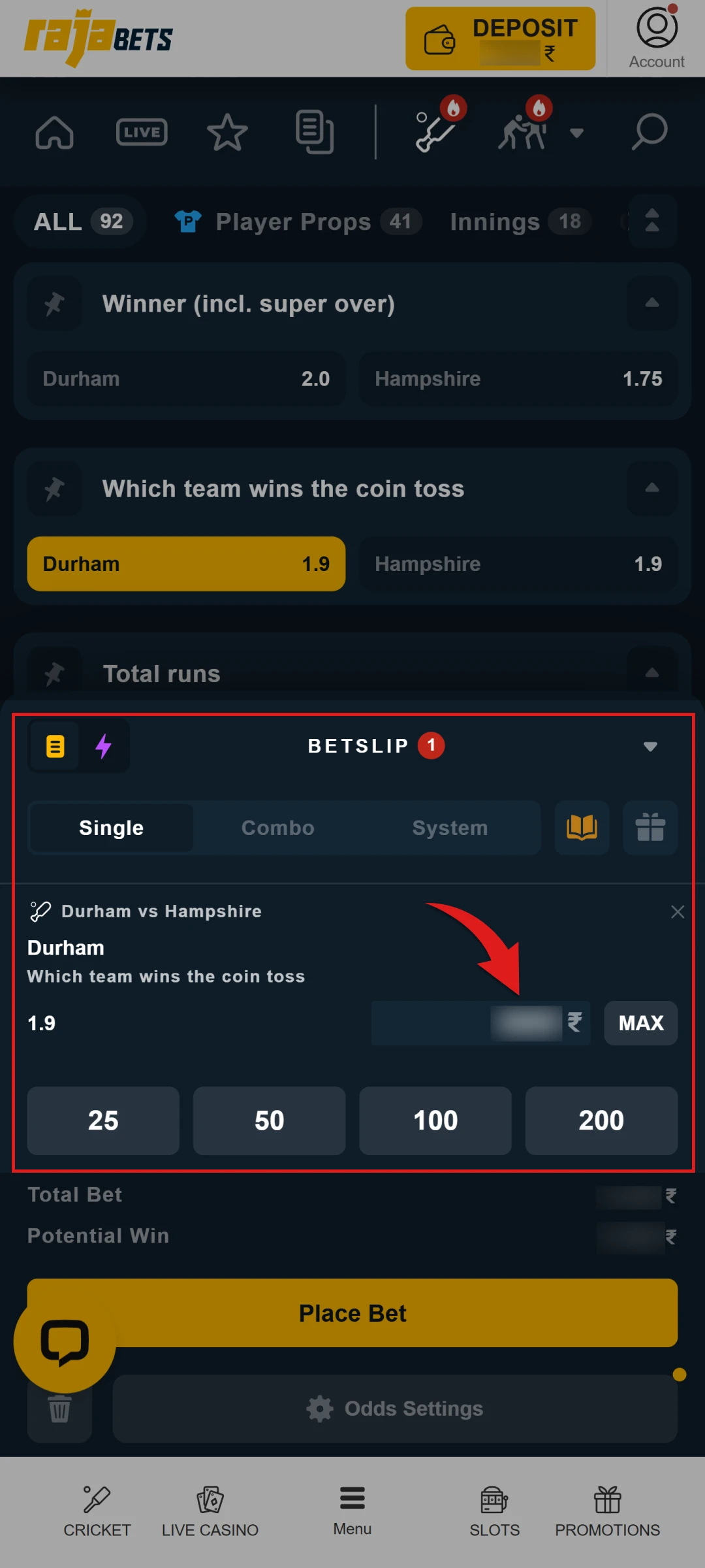 Input your stake amount and bet on the mobile Rajabets App.