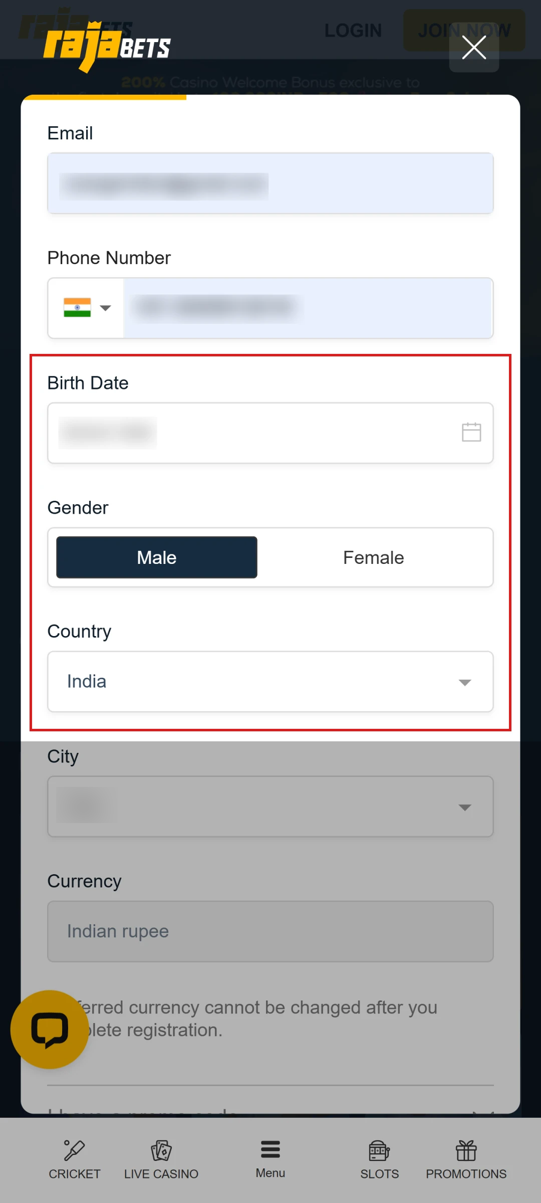 Input your personal information to activate the Rajabets App account.