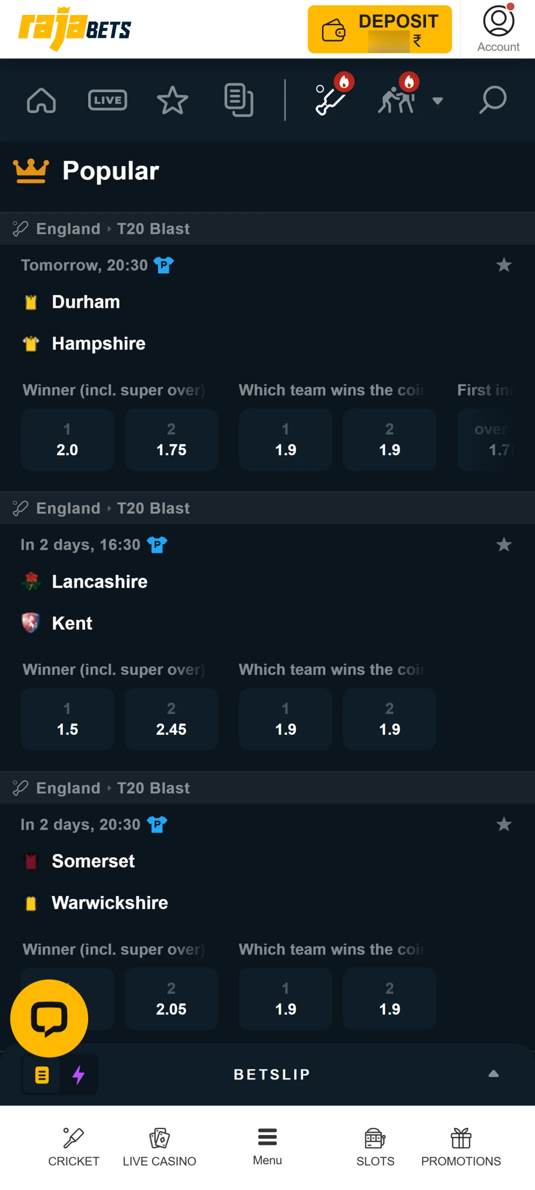 Find an exciting match to bet on the mobile Rajabets App.